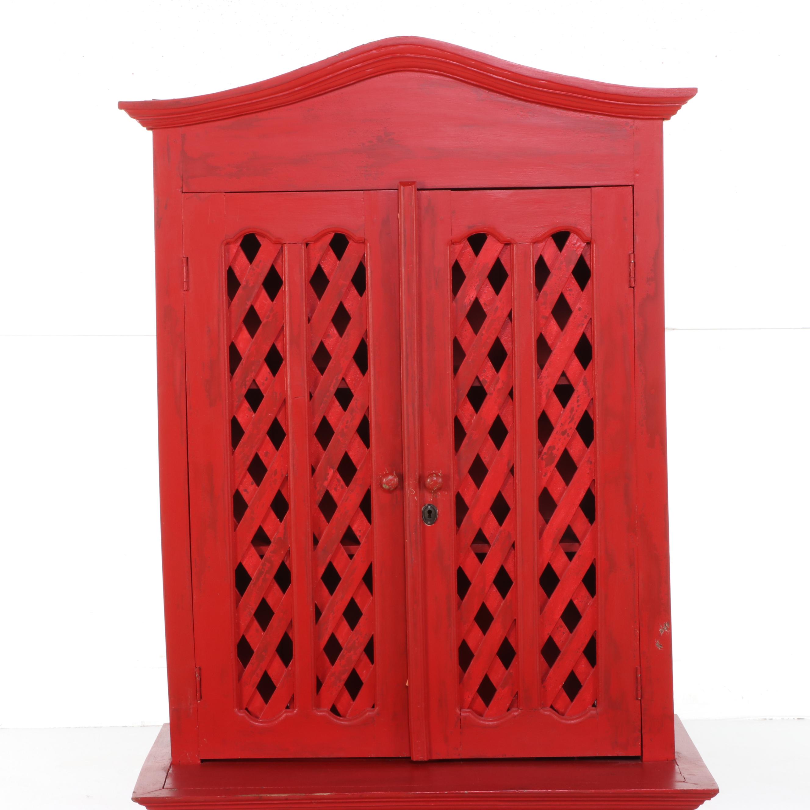 Red Painted Wood Lattice Front China Cabinet, Early 20th Century