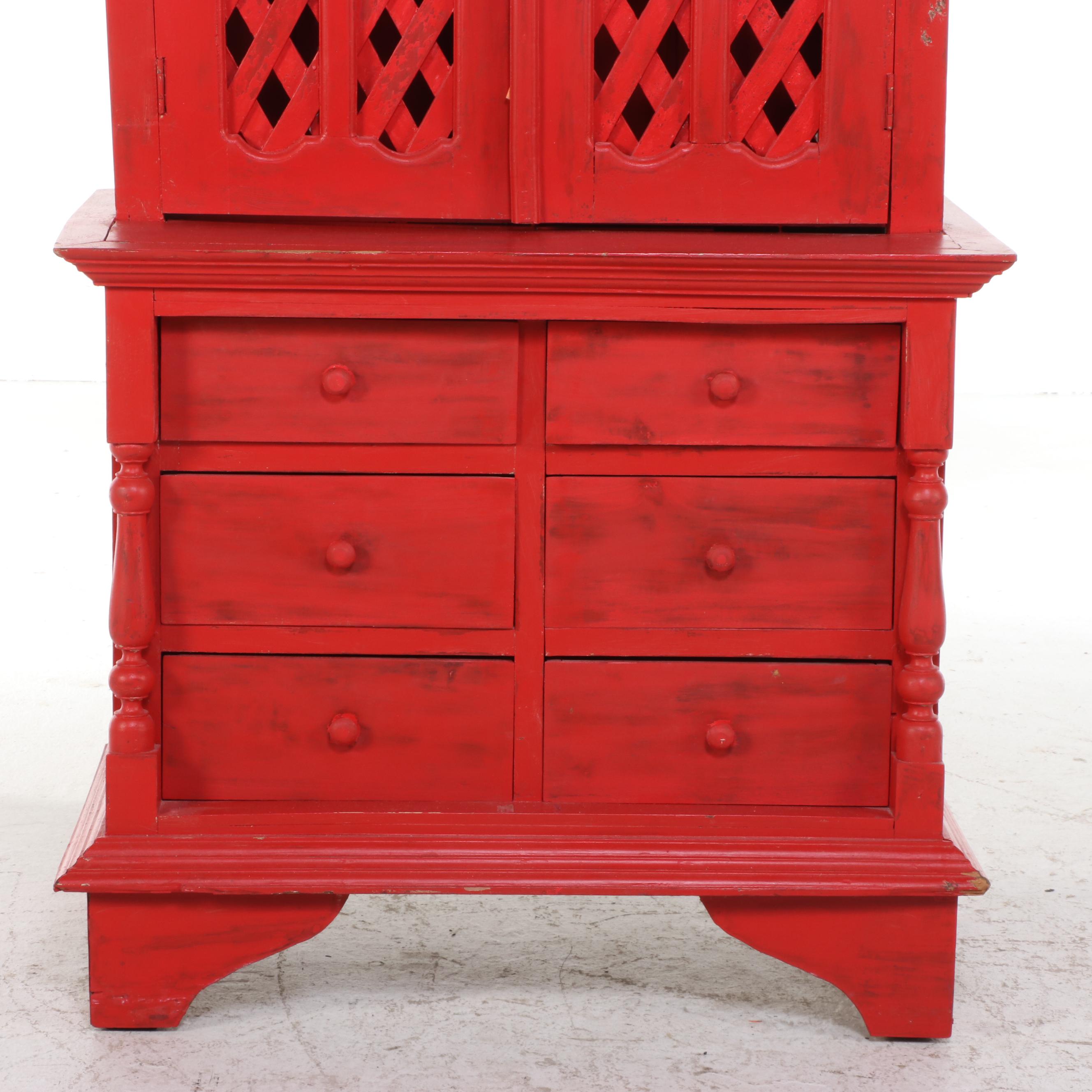 Red Painted Wood Lattice Front China Cabinet, Early 20th Century