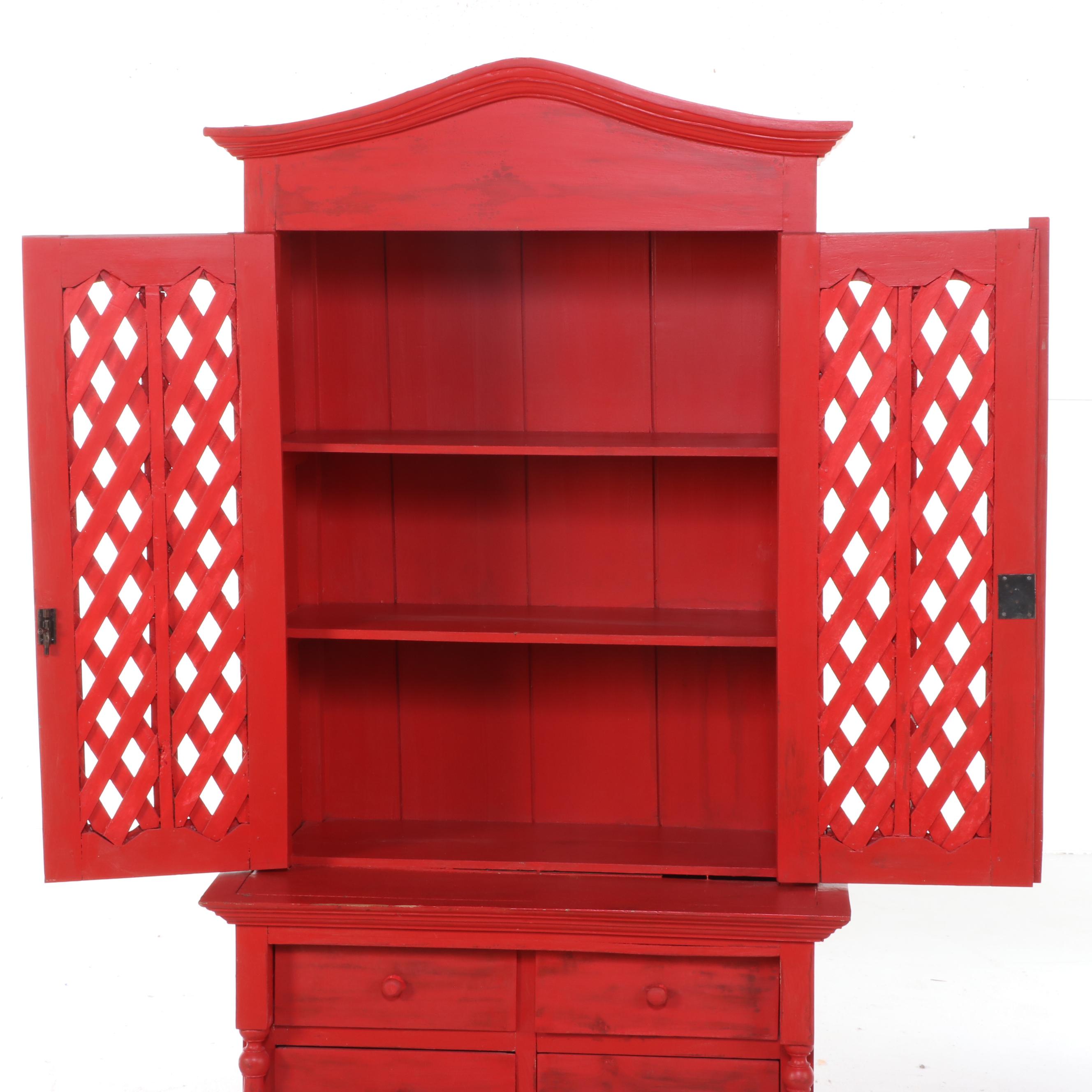 Red Painted Wood Lattice Front China Cabinet, Early 20th Century