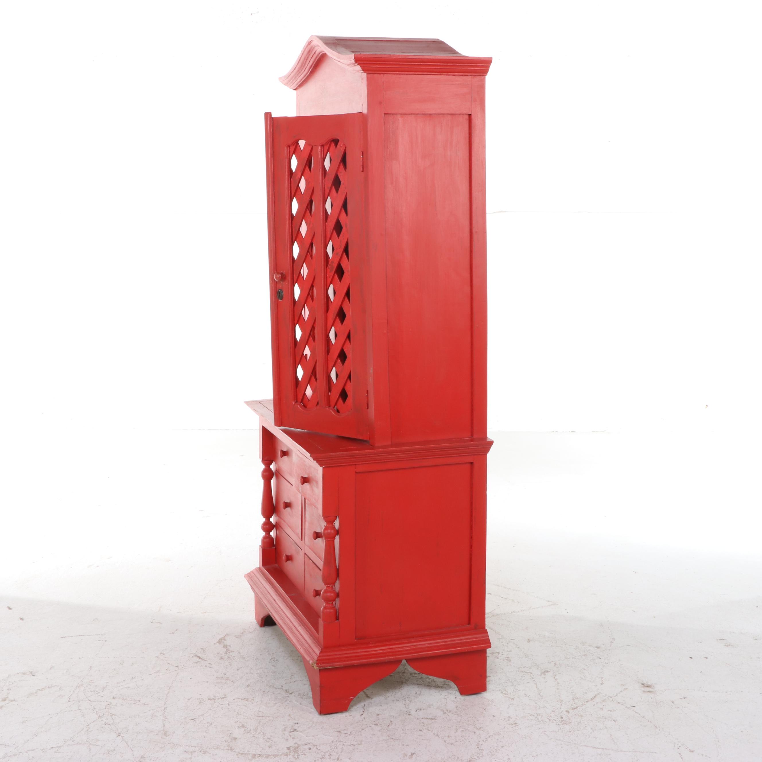Red Painted Wood Lattice Front China Cabinet, Early 20th Century