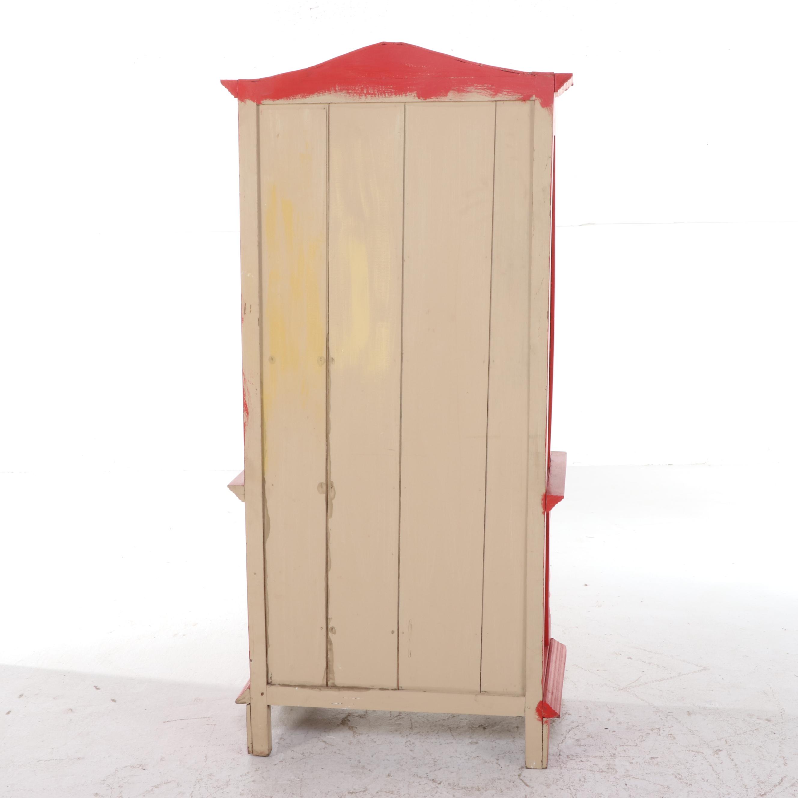 Red Painted Wood Lattice Front China Cabinet, Early 20th Century