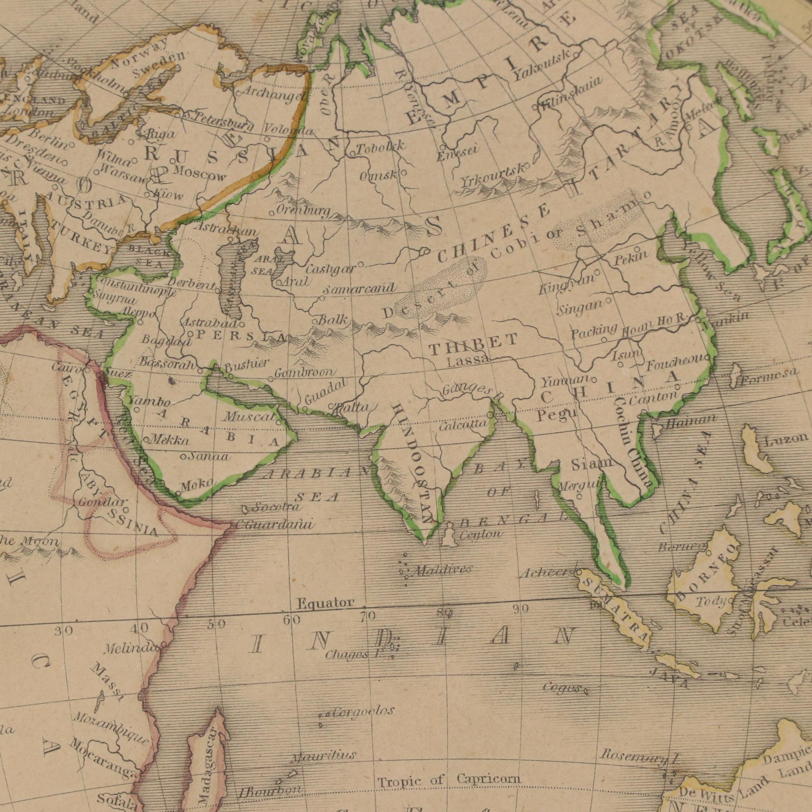 Hand-Colored Engraving Map "Eastern Hemisphere"