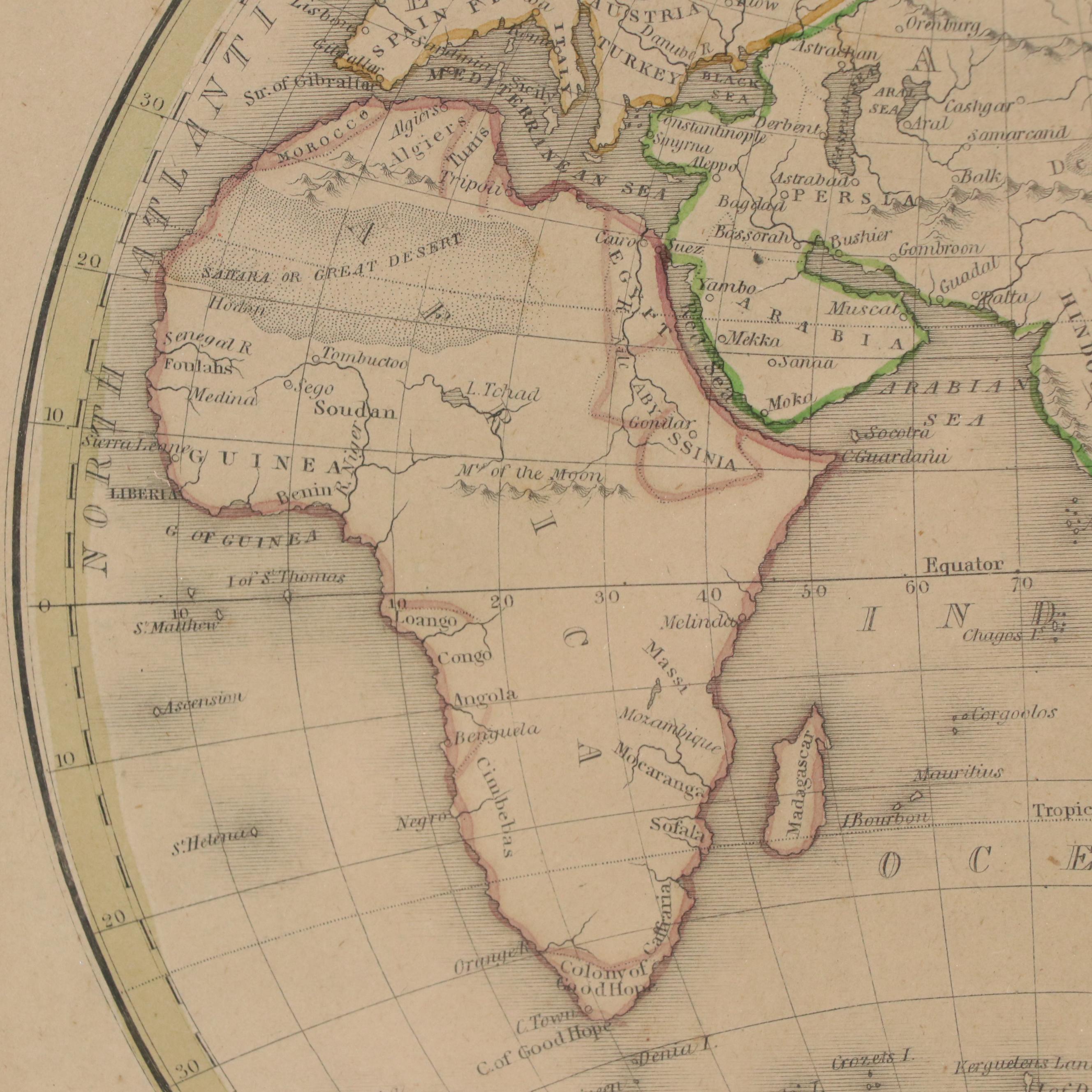 Hand-Colored Engraving Map "Eastern Hemisphere"