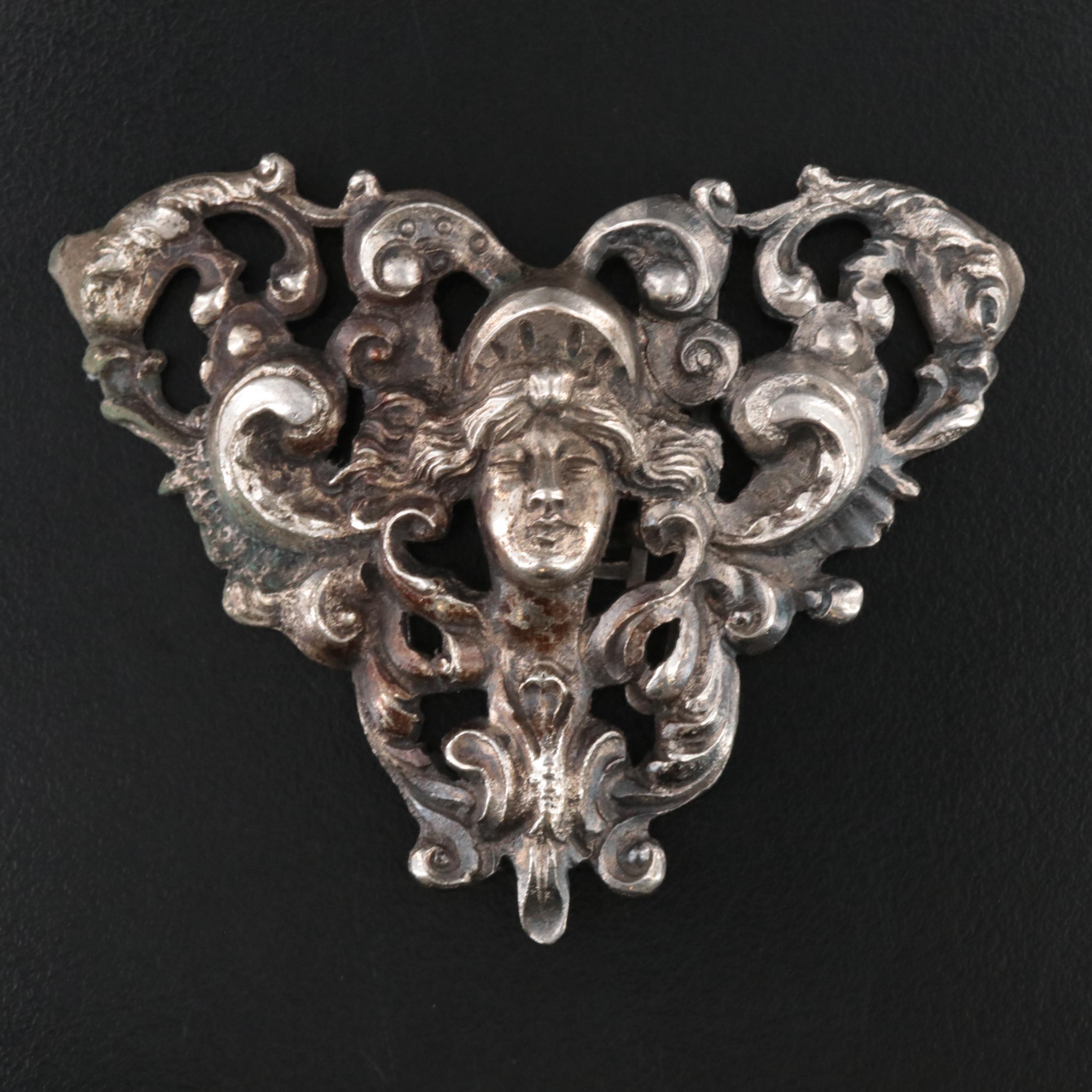 Art Nouveau 800 Silver Figural Belt Buckle