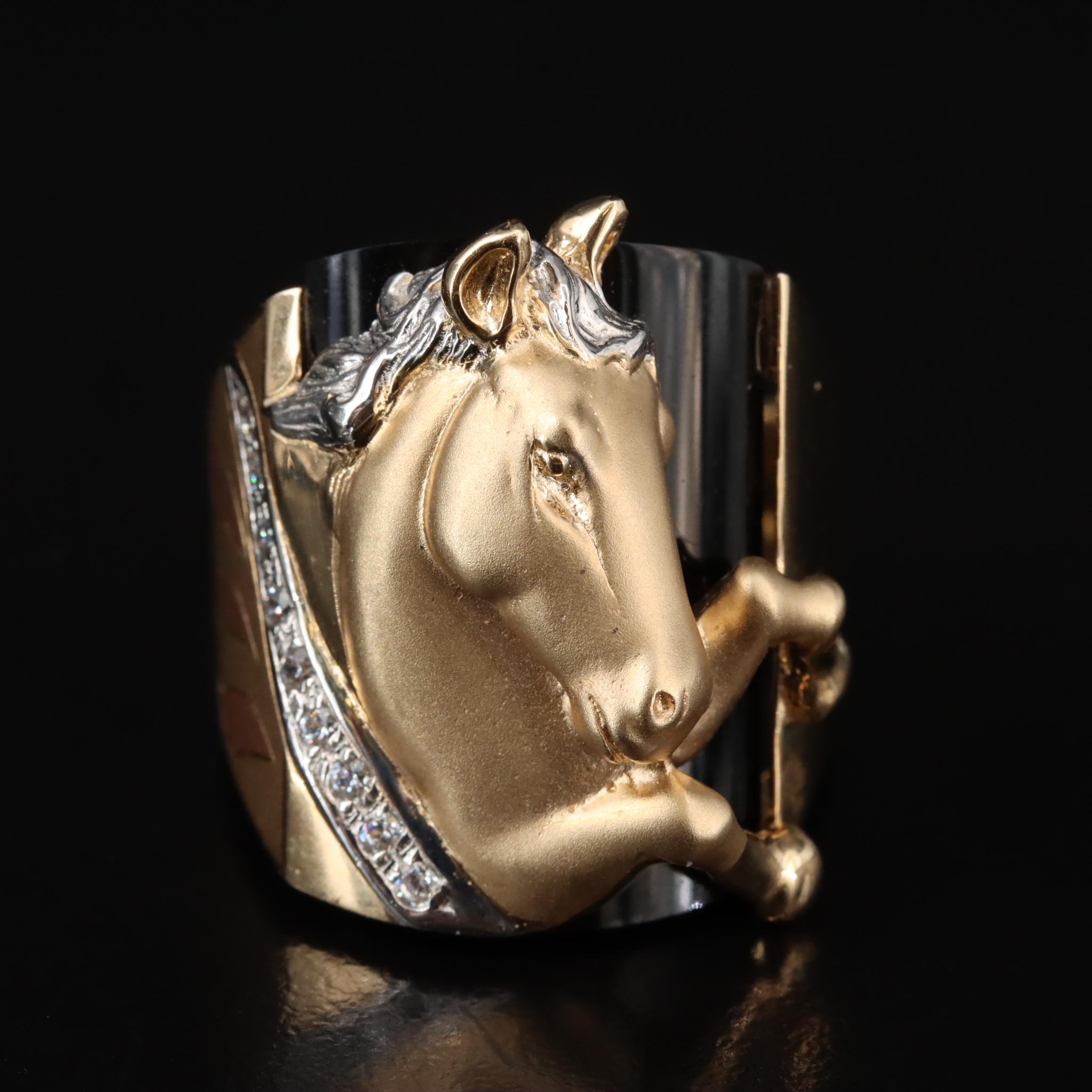 14K Black Onyx and CZ Equestrian Ring with Rose Gold Accents
