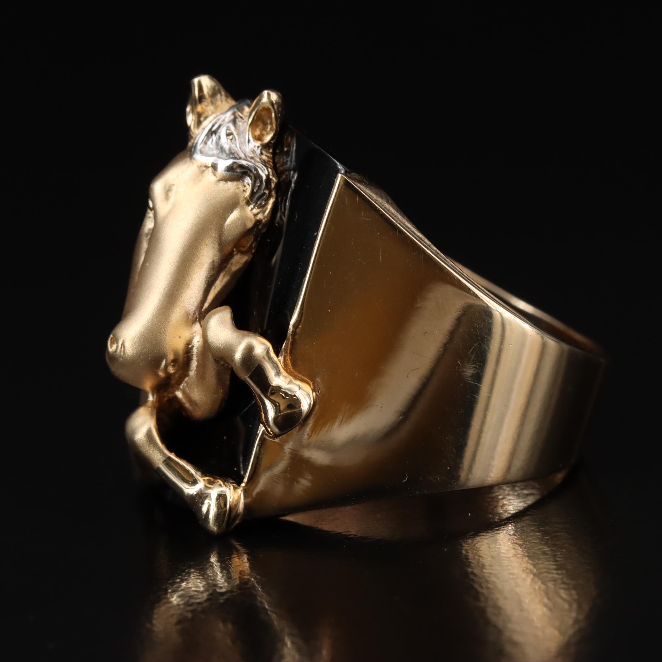 14K Black Onyx and CZ Equestrian Ring with Rose Gold Accents