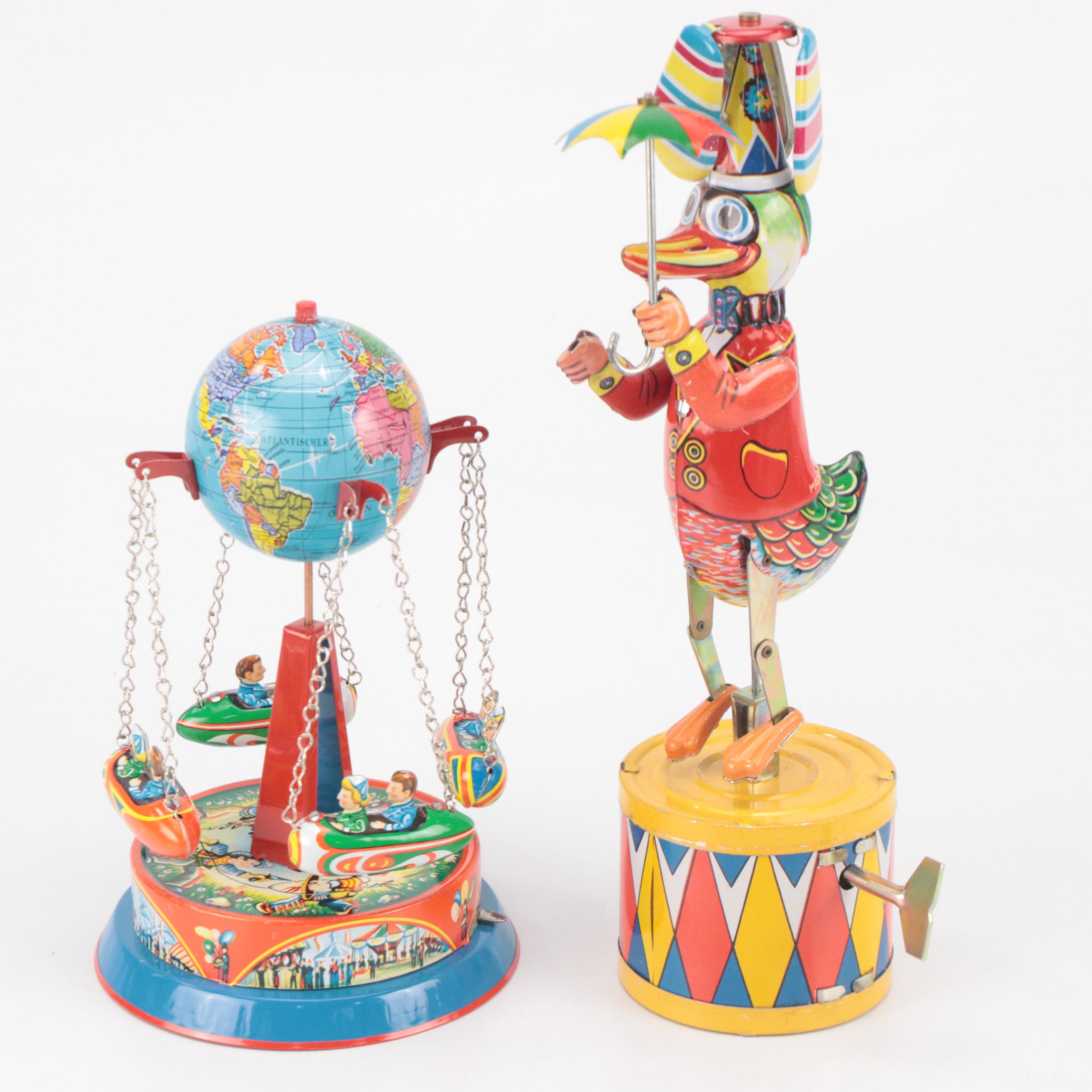 Clockwork Wind-Up Motorcycle with Sidecar and Other Tin Litho Toys, Vintage