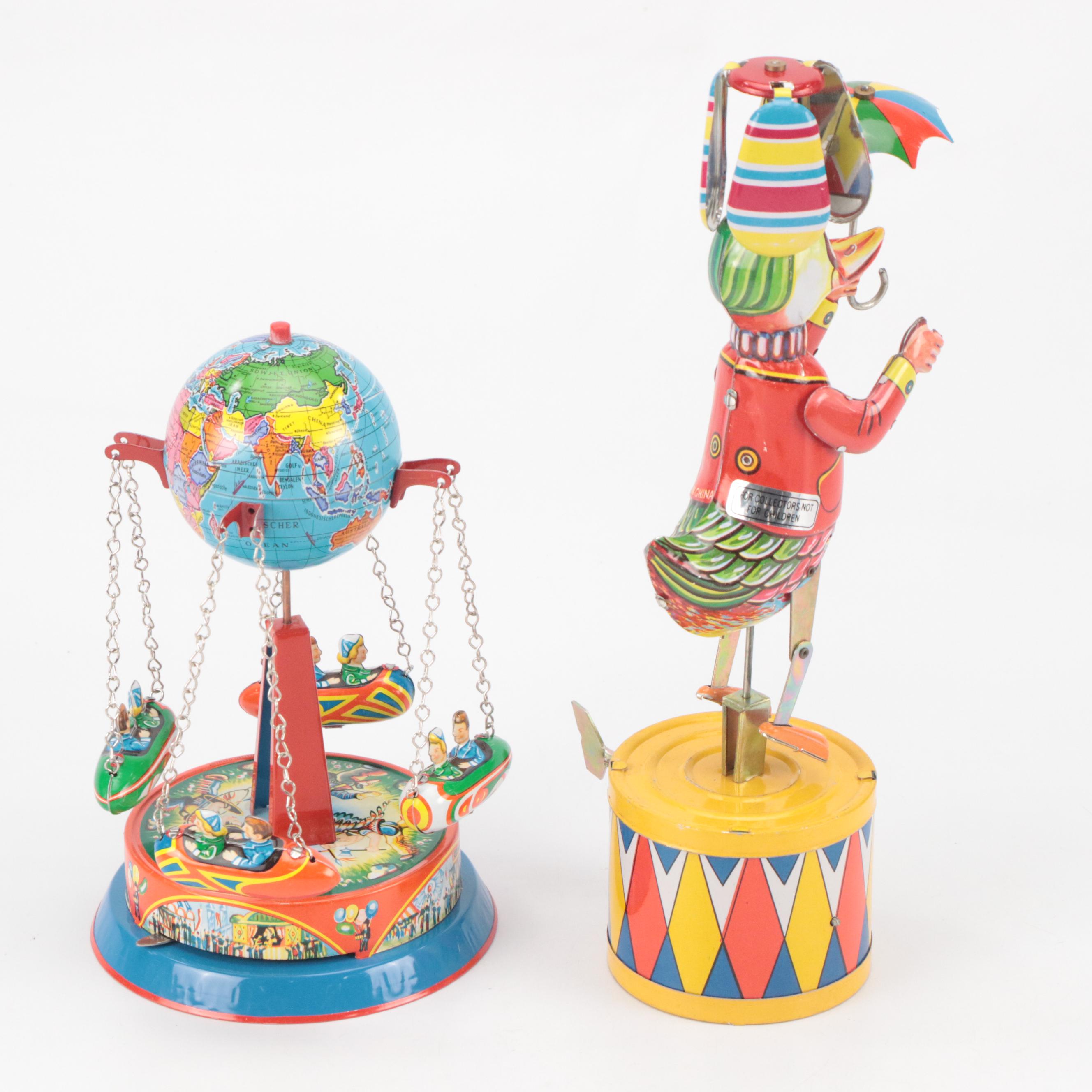 Clockwork Wind-Up Motorcycle with Sidecar and Other Tin Litho Toys, Vintage