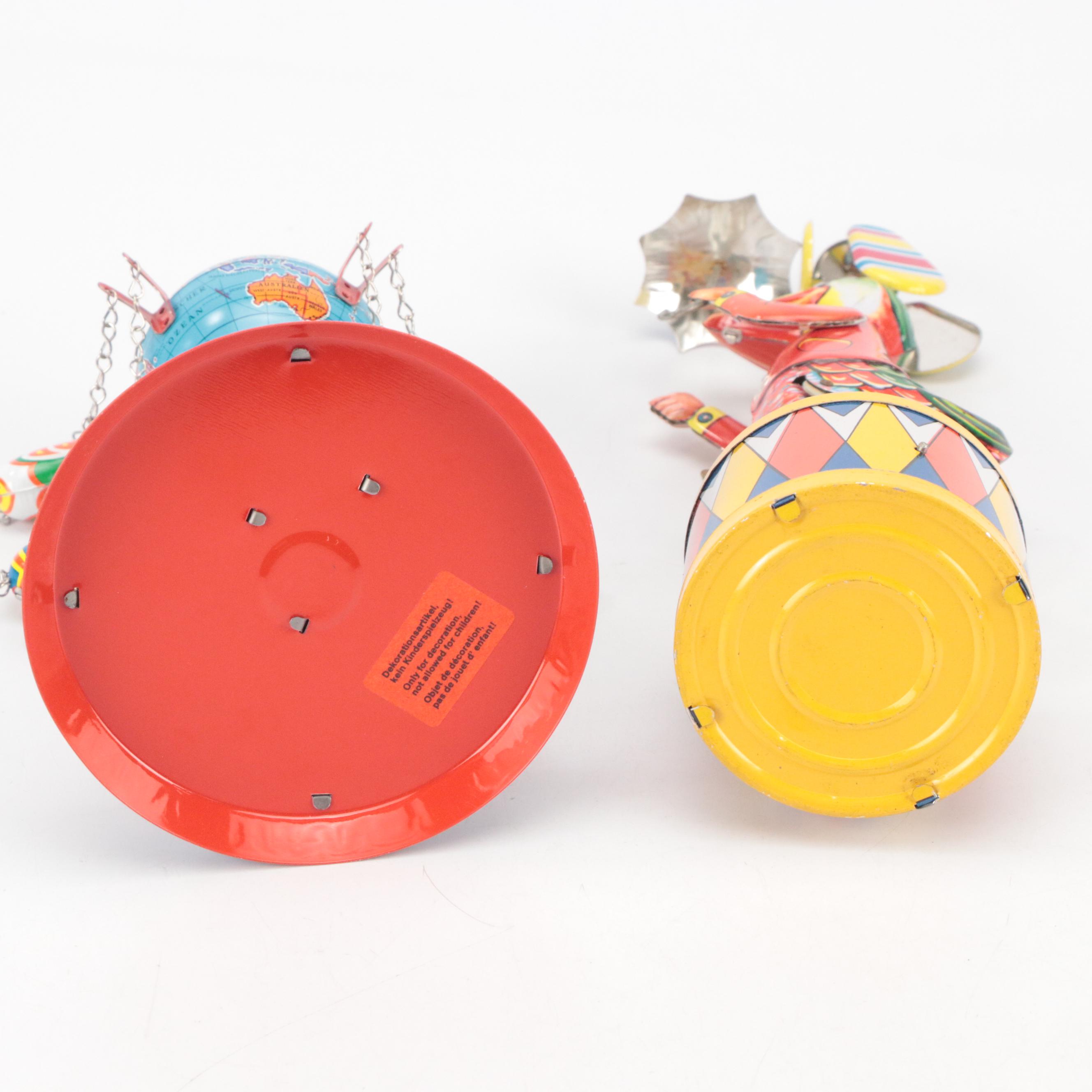 Clockwork Wind-Up Motorcycle with Sidecar and Other Tin Litho Toys, Vintage