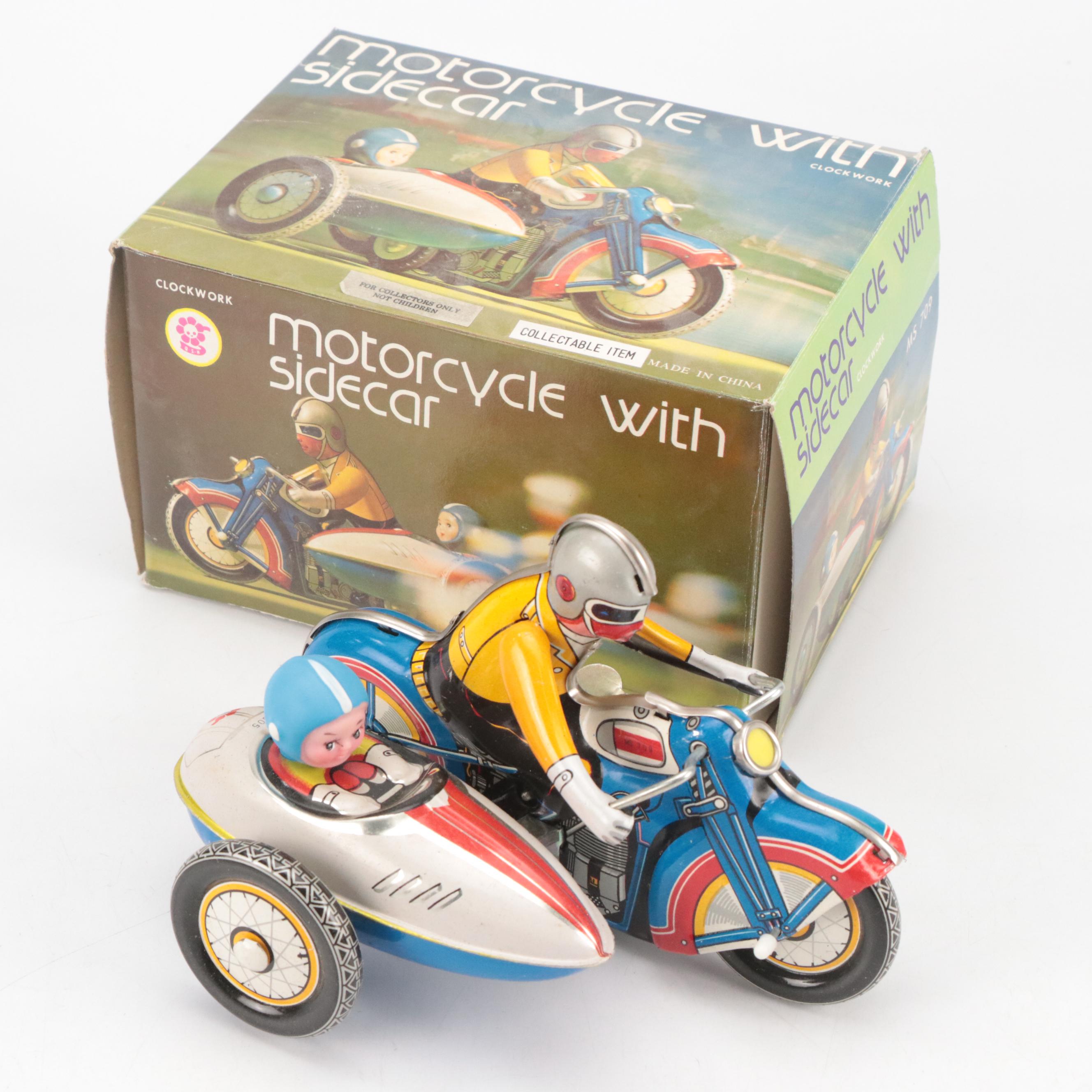 Clockwork Wind-Up Motorcycle with Sidecar and Other Tin Litho Toys, Vintage