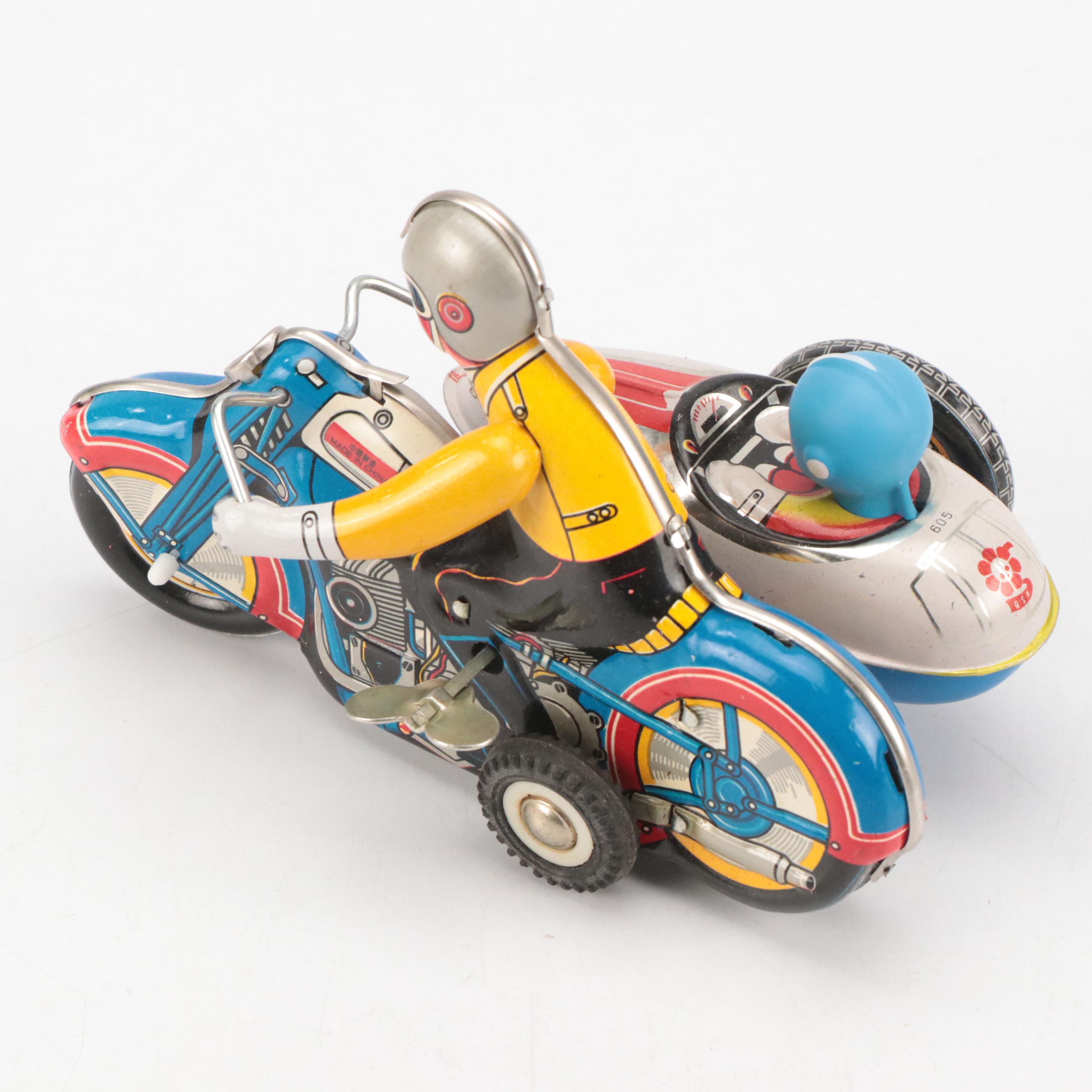 Clockwork Wind-Up Motorcycle with Sidecar and Other Tin Litho Toys, Vintage