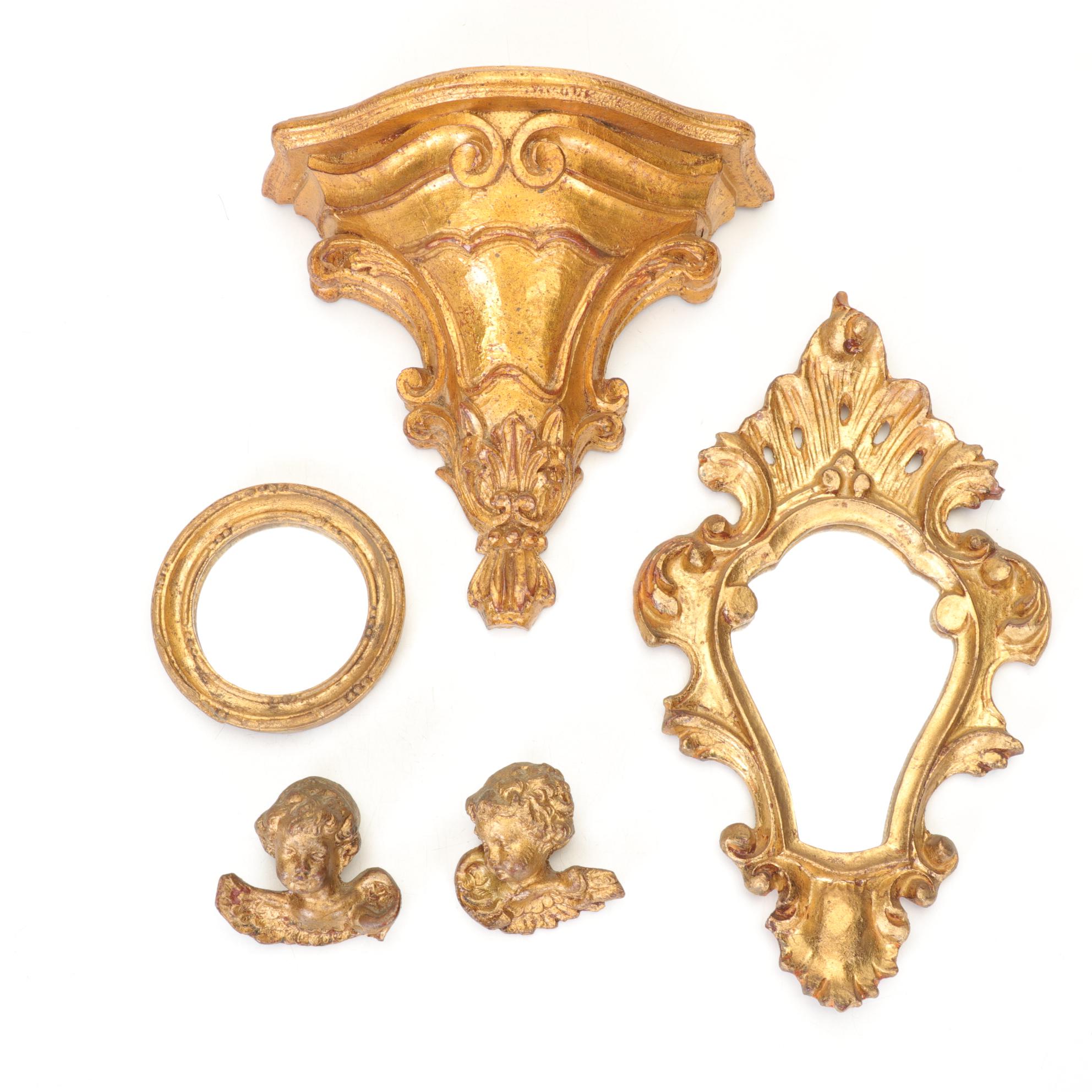 Molded Replica Wall Mirrors, Wall Shelf, and Cherubs, Late 20th Century