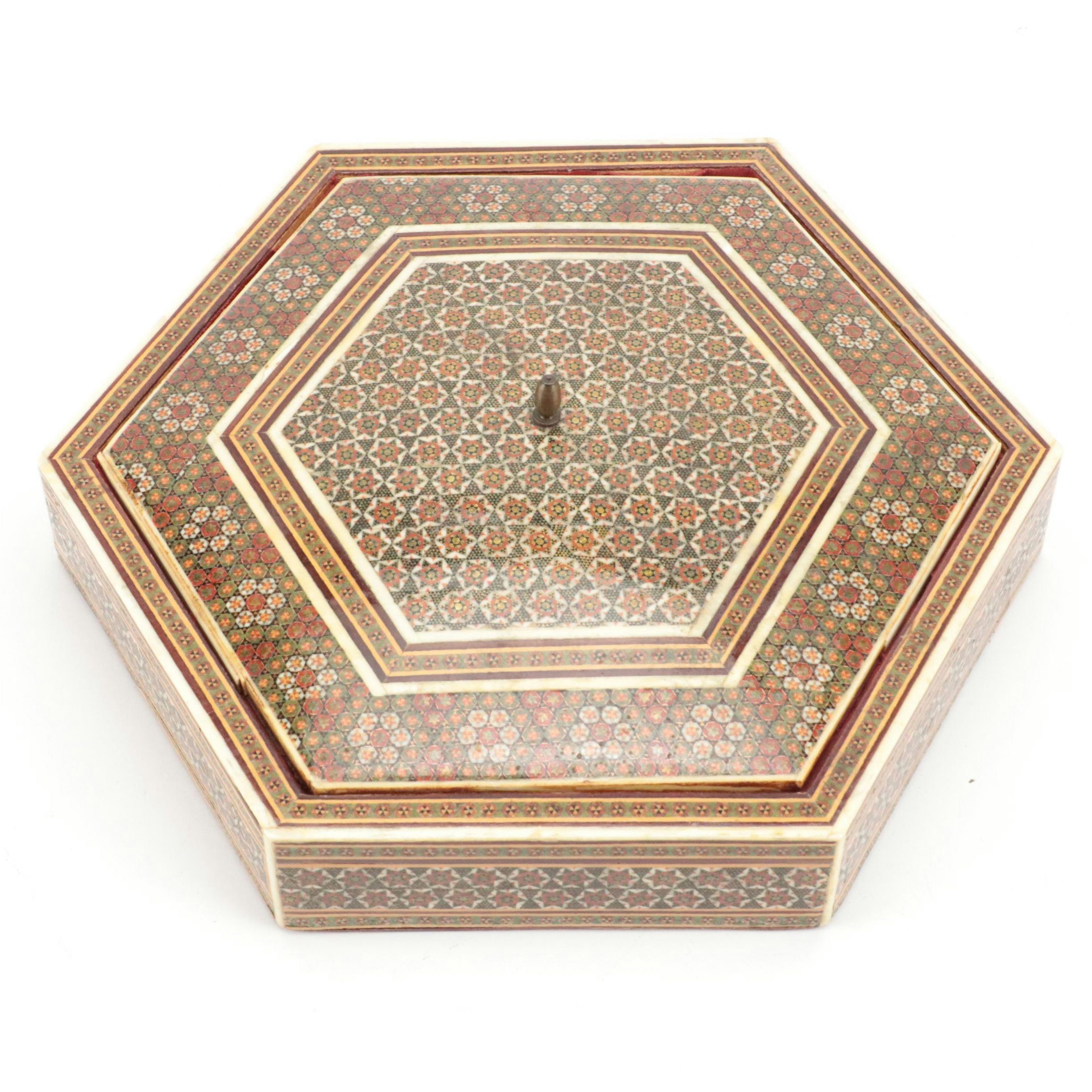 Indo-Persian Style Bone, Resin and Wood Mosaic Inlay Lidded Box