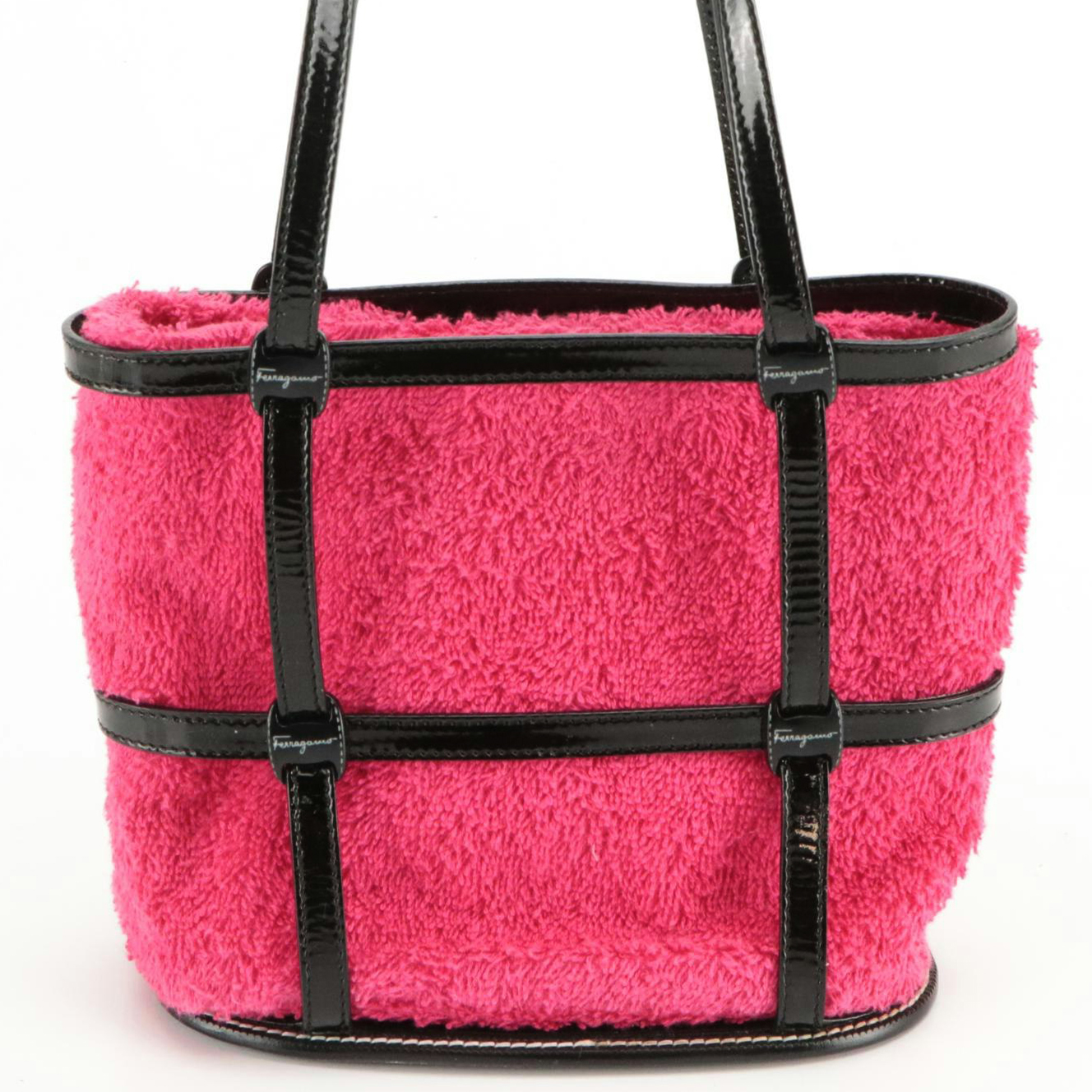 Salvatore Ferragamo Cage Handbag in Pink Terry Cloth and Black Patent Leather