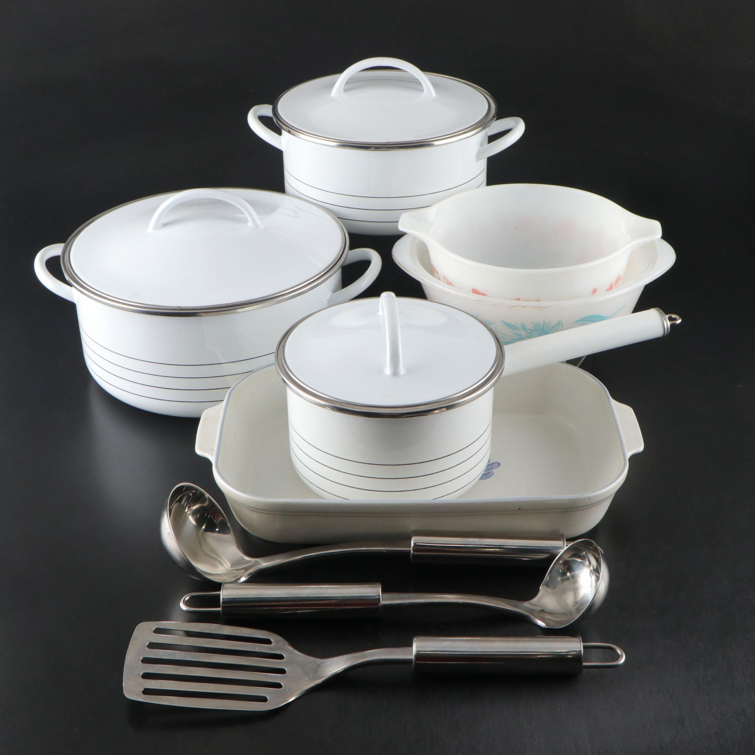 Copco Lidded Metal Cookware with Pyrex, Pfaltzgraff and Other Baking Dishes