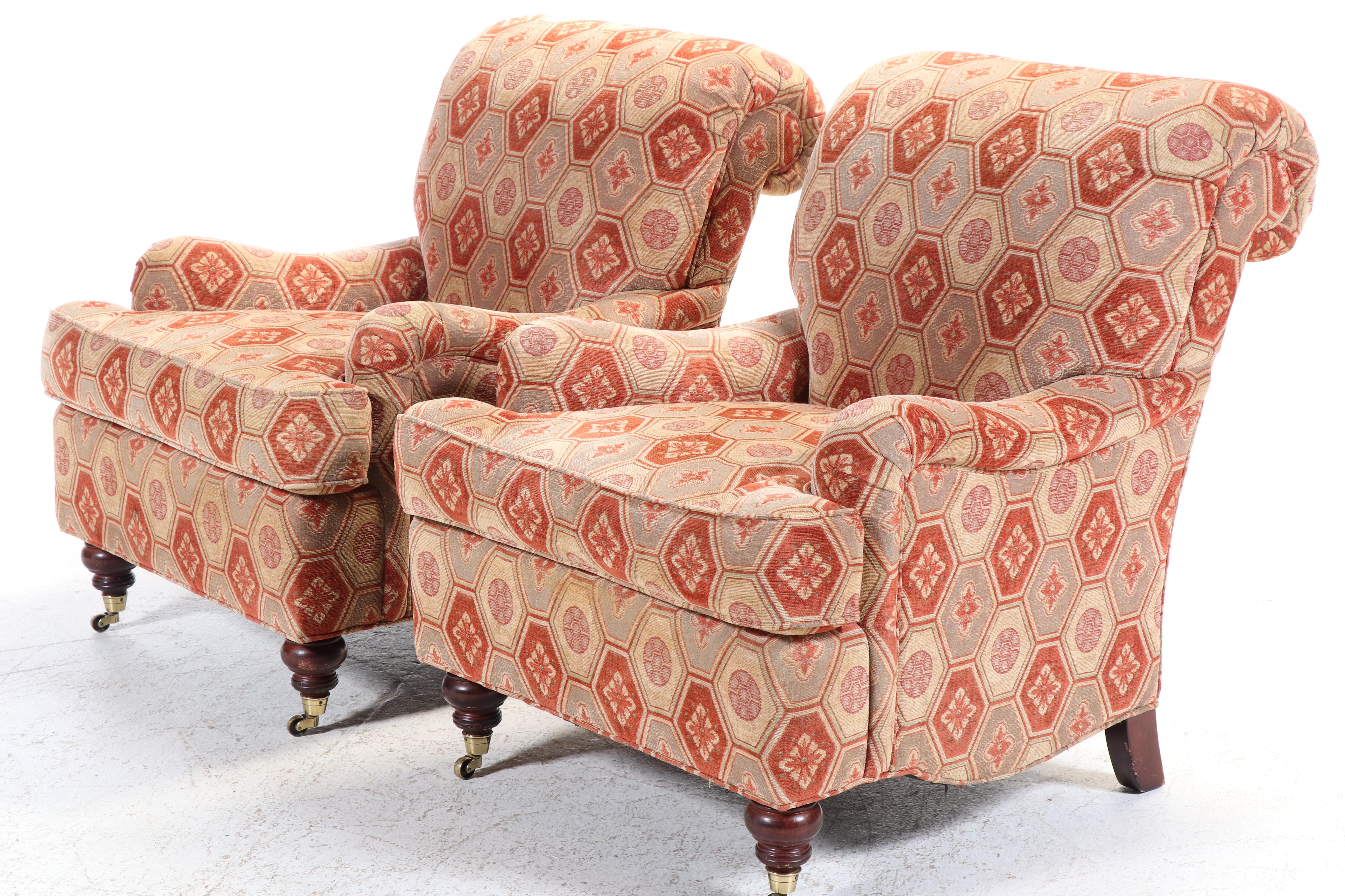 Pair of Duralee Fine Furniture Custom-Upholstered English Roll-Arm Easy Chairs