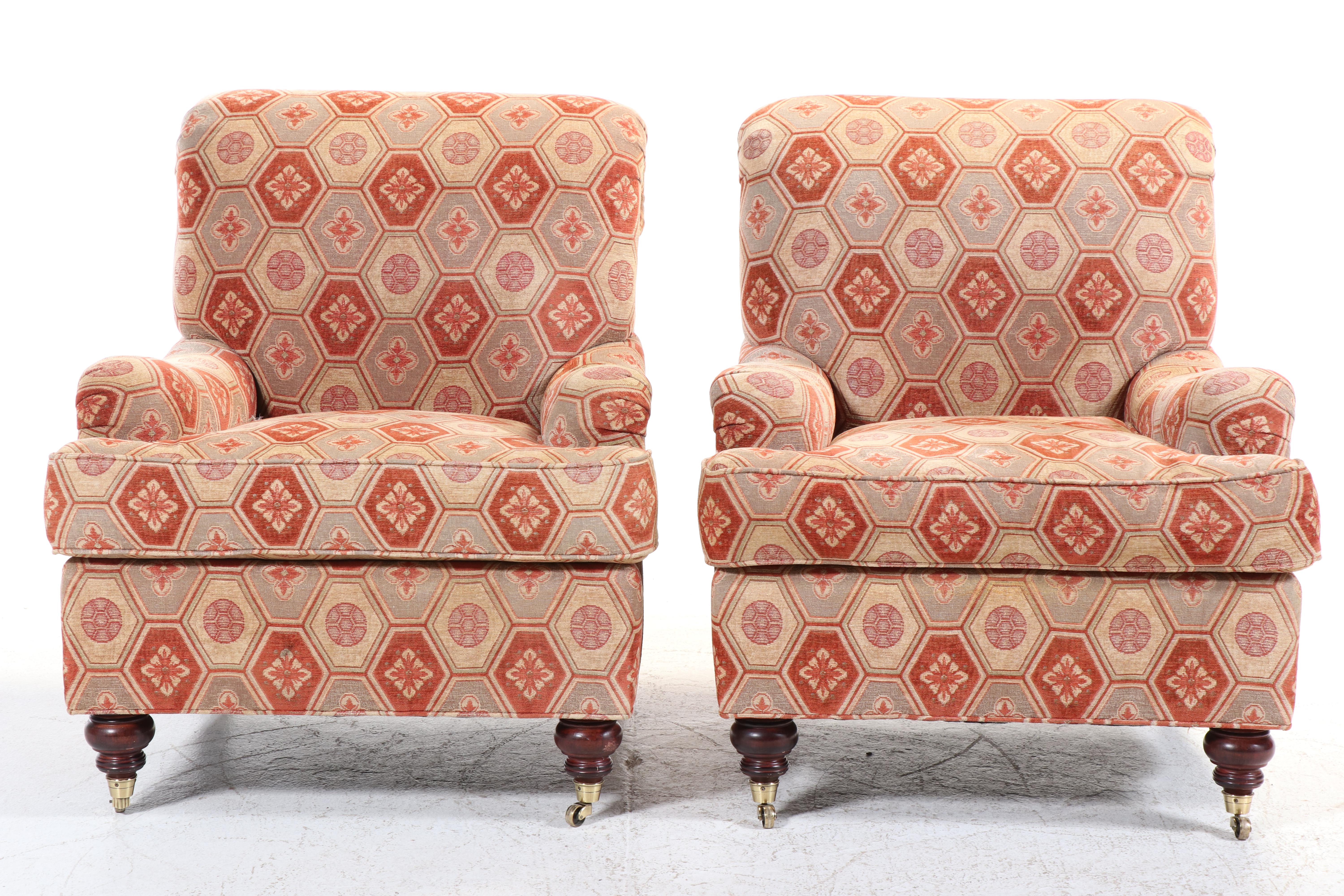 Pair of Duralee Fine Furniture Custom-Upholstered English Roll-Arm Easy Chairs