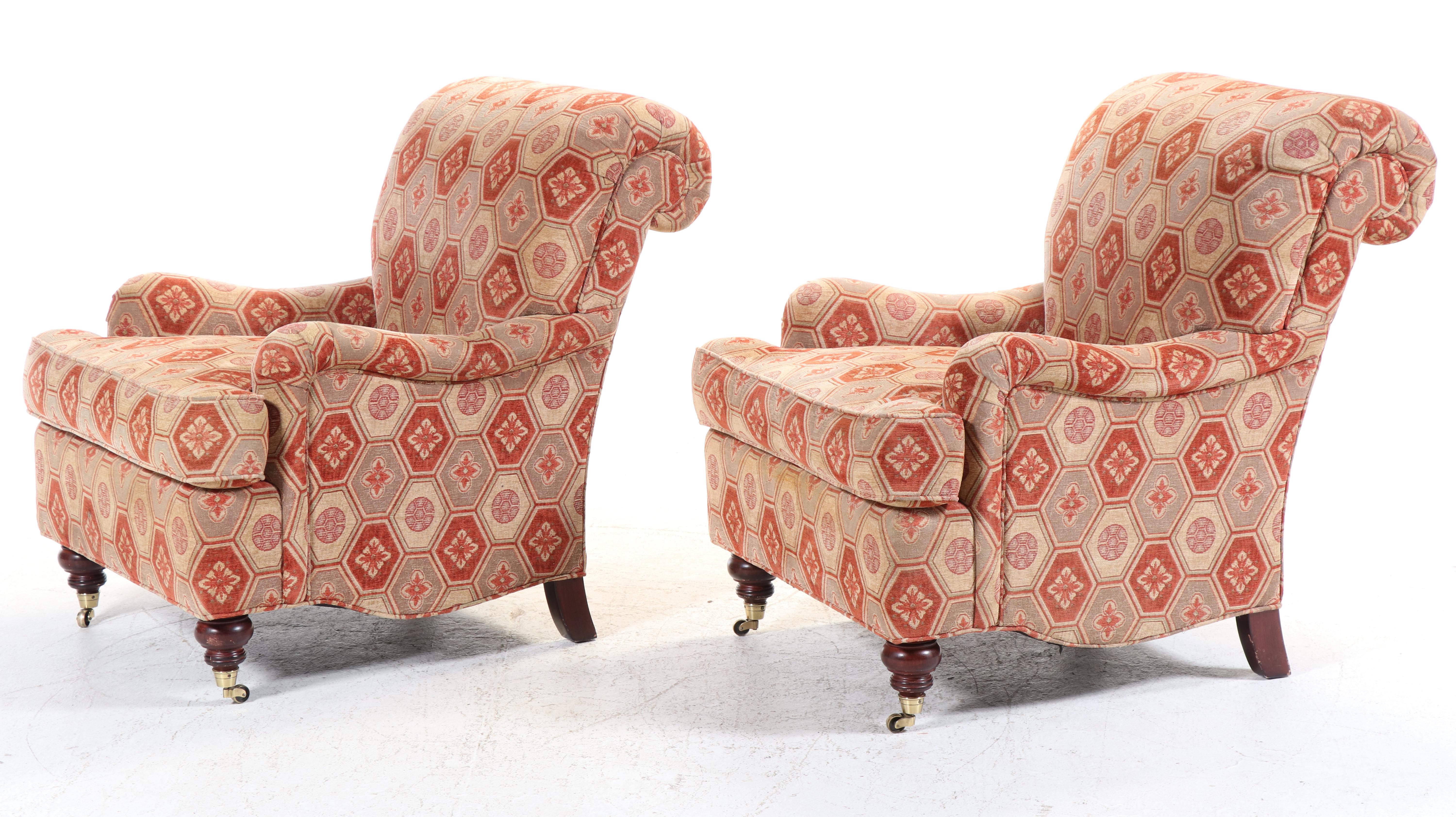 Pair of Duralee Fine Furniture Custom-Upholstered English Roll-Arm Easy Chairs