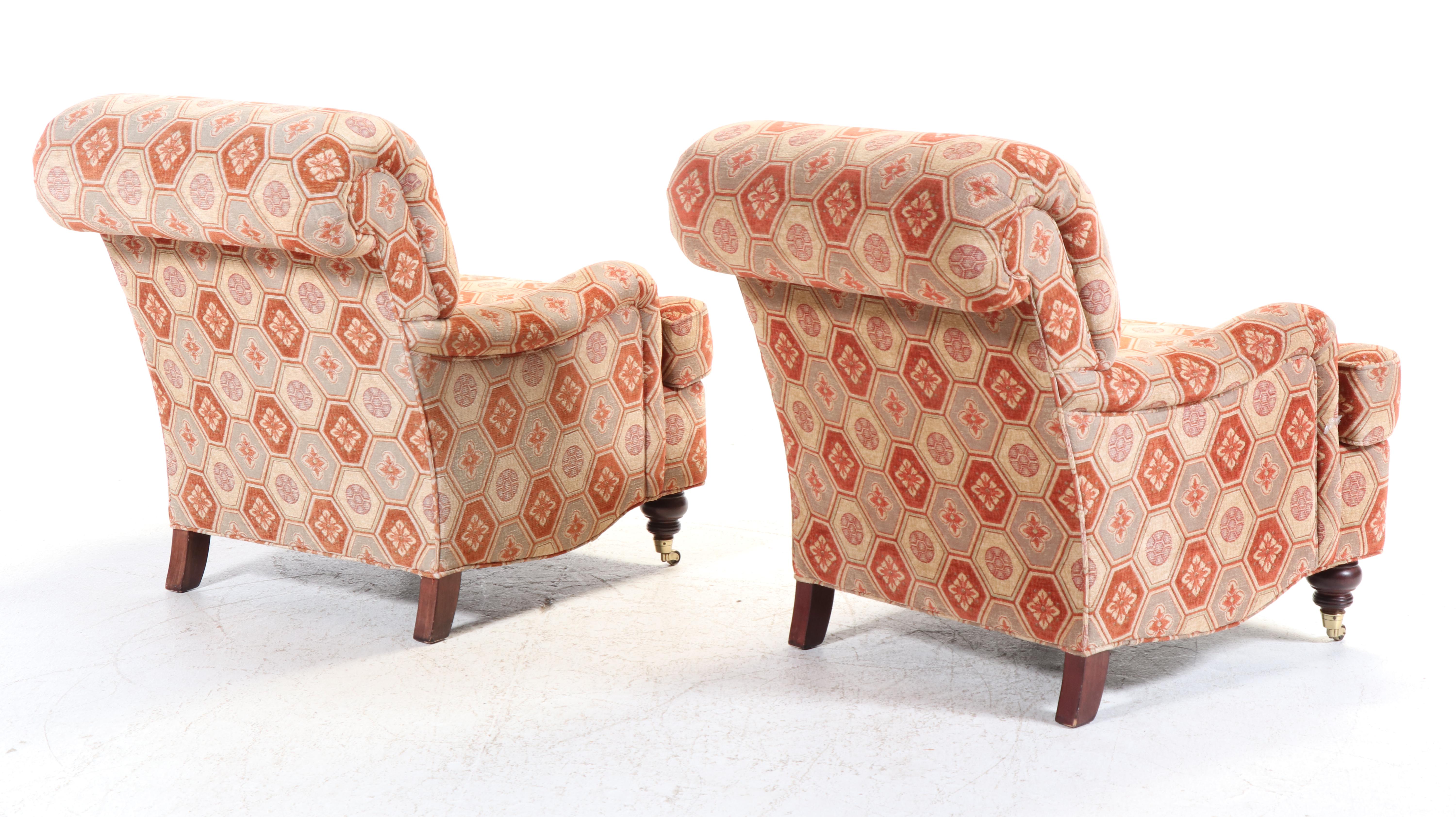 Pair of Duralee Fine Furniture Custom-Upholstered English Roll-Arm Easy Chairs
