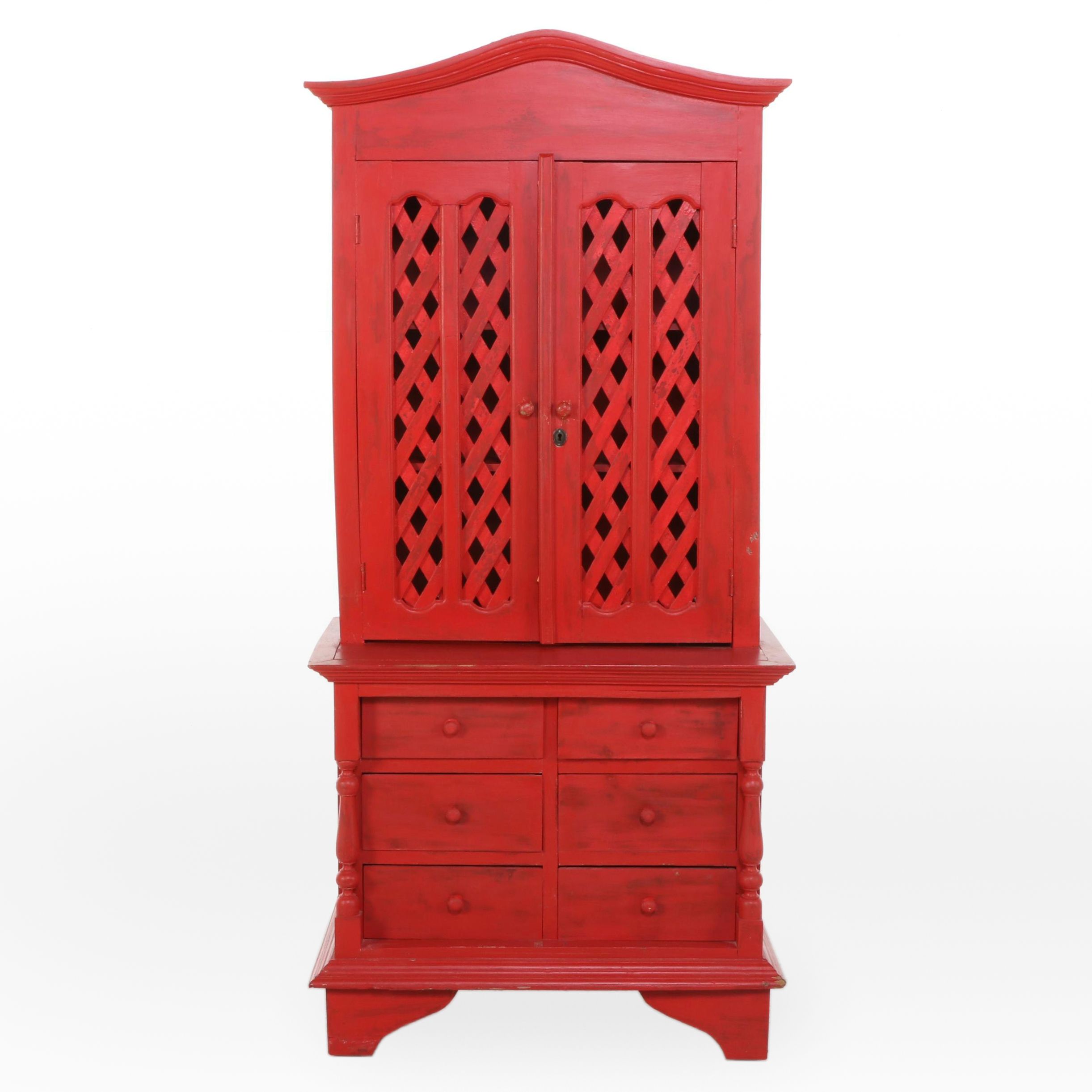 Red Painted Wood Lattice Front China Cabinet, Early 20th Century