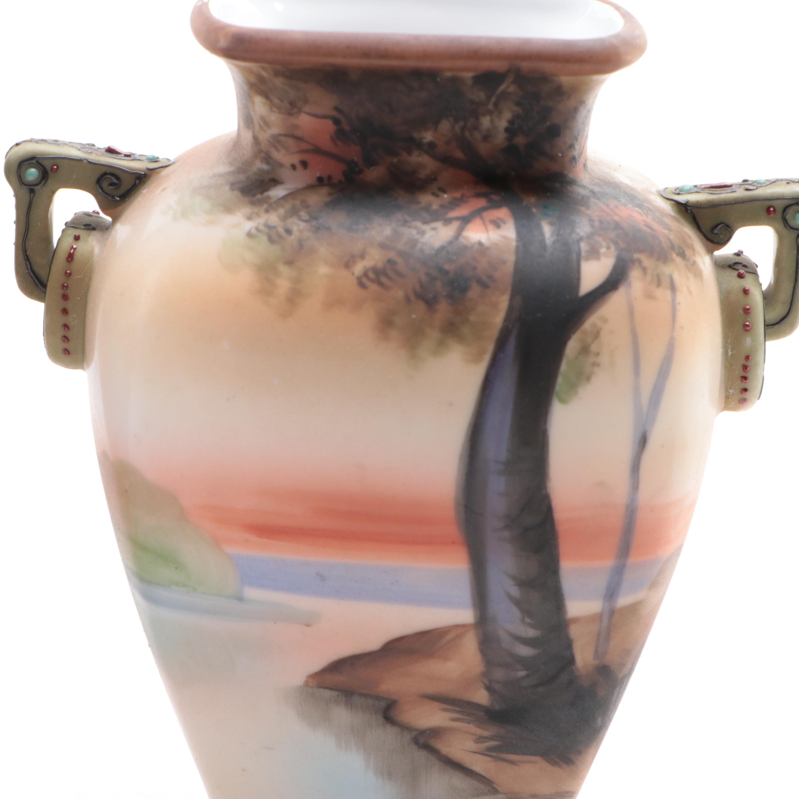 Japanese Morimura Hand-Painted Porcelain Landscape Vase Pair, Vintage