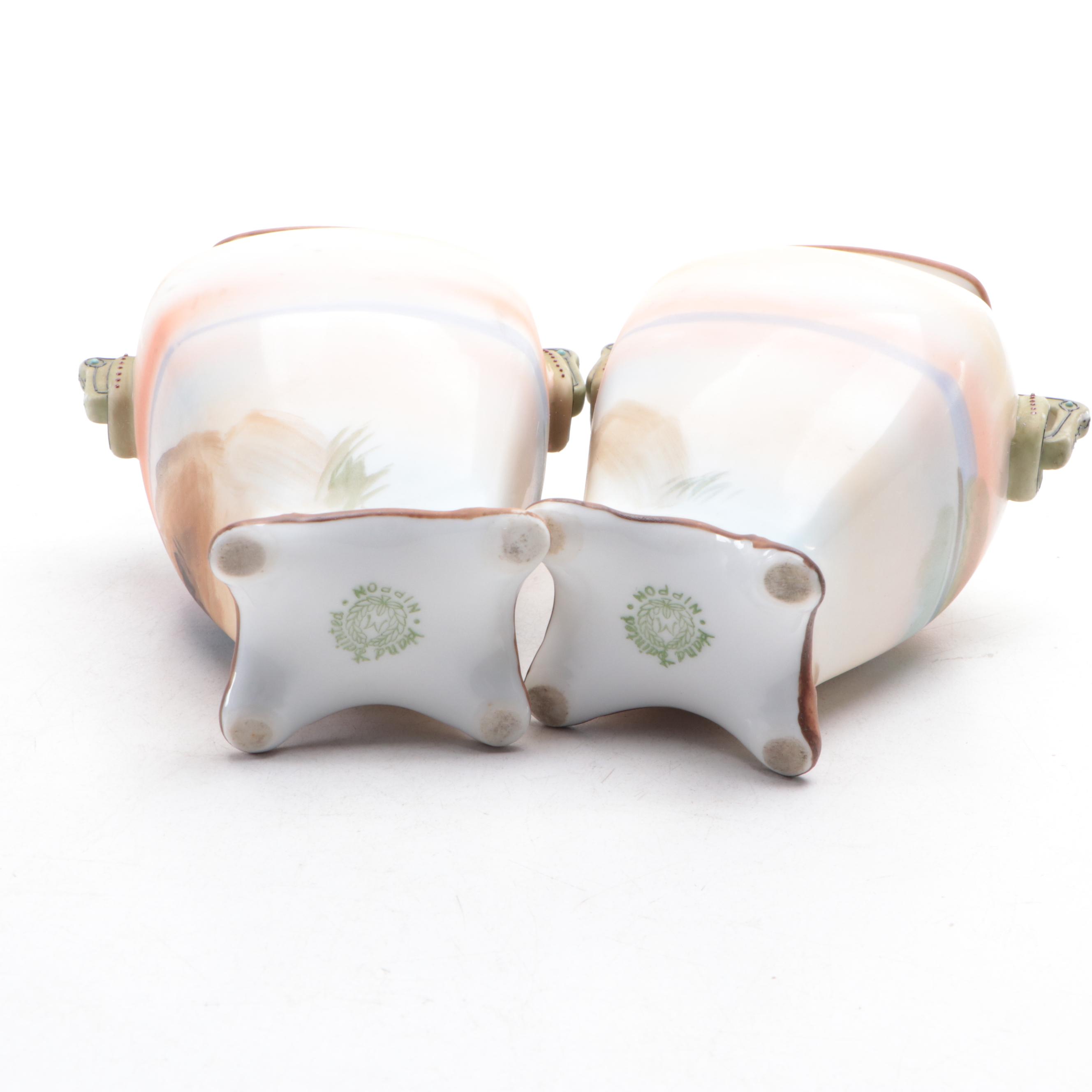 Japanese Morimura Hand-Painted Porcelain Landscape Vase Pair, Vintage