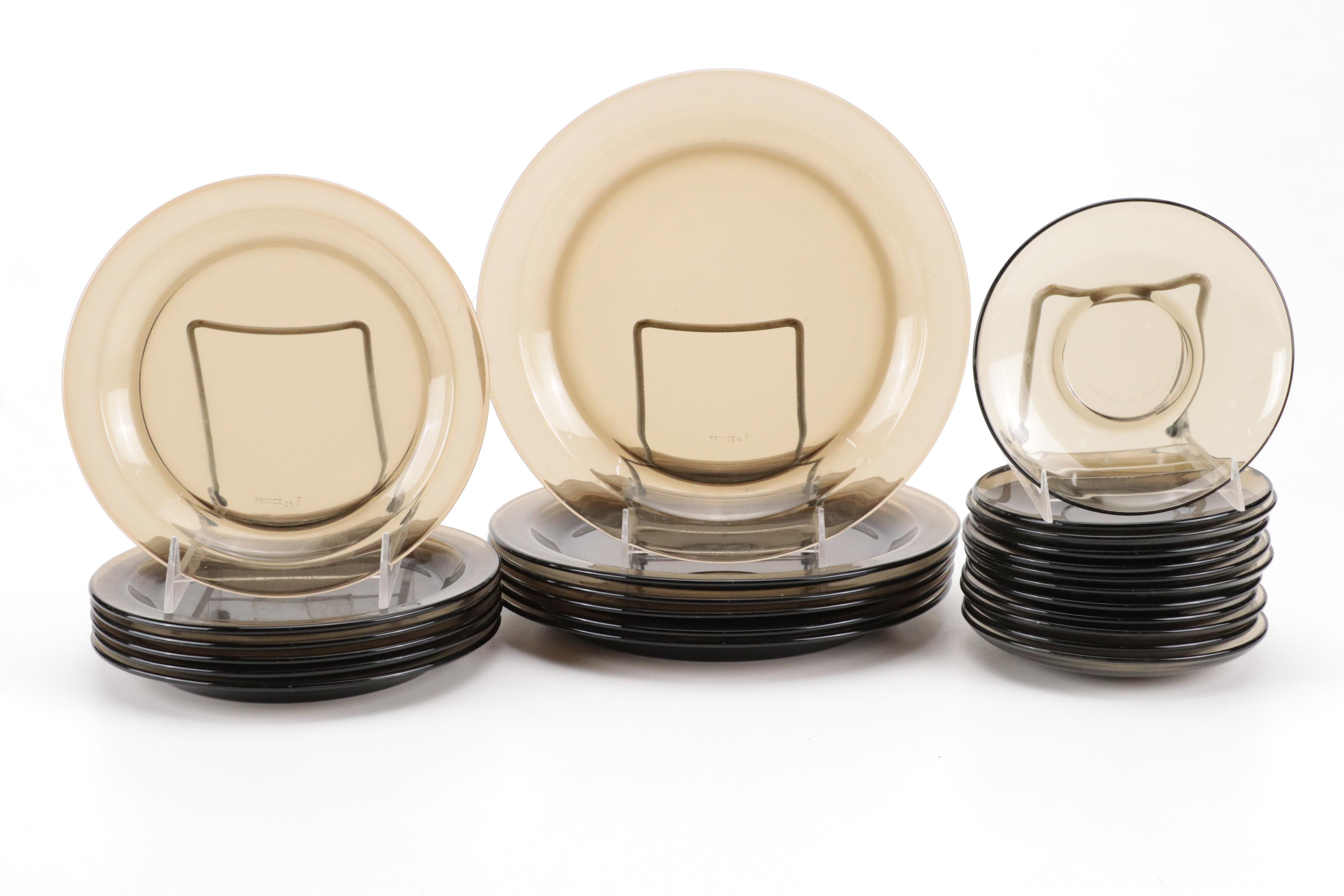 Vereco French Smoked Glass Dinnerware and Serving Pieces, 1970s