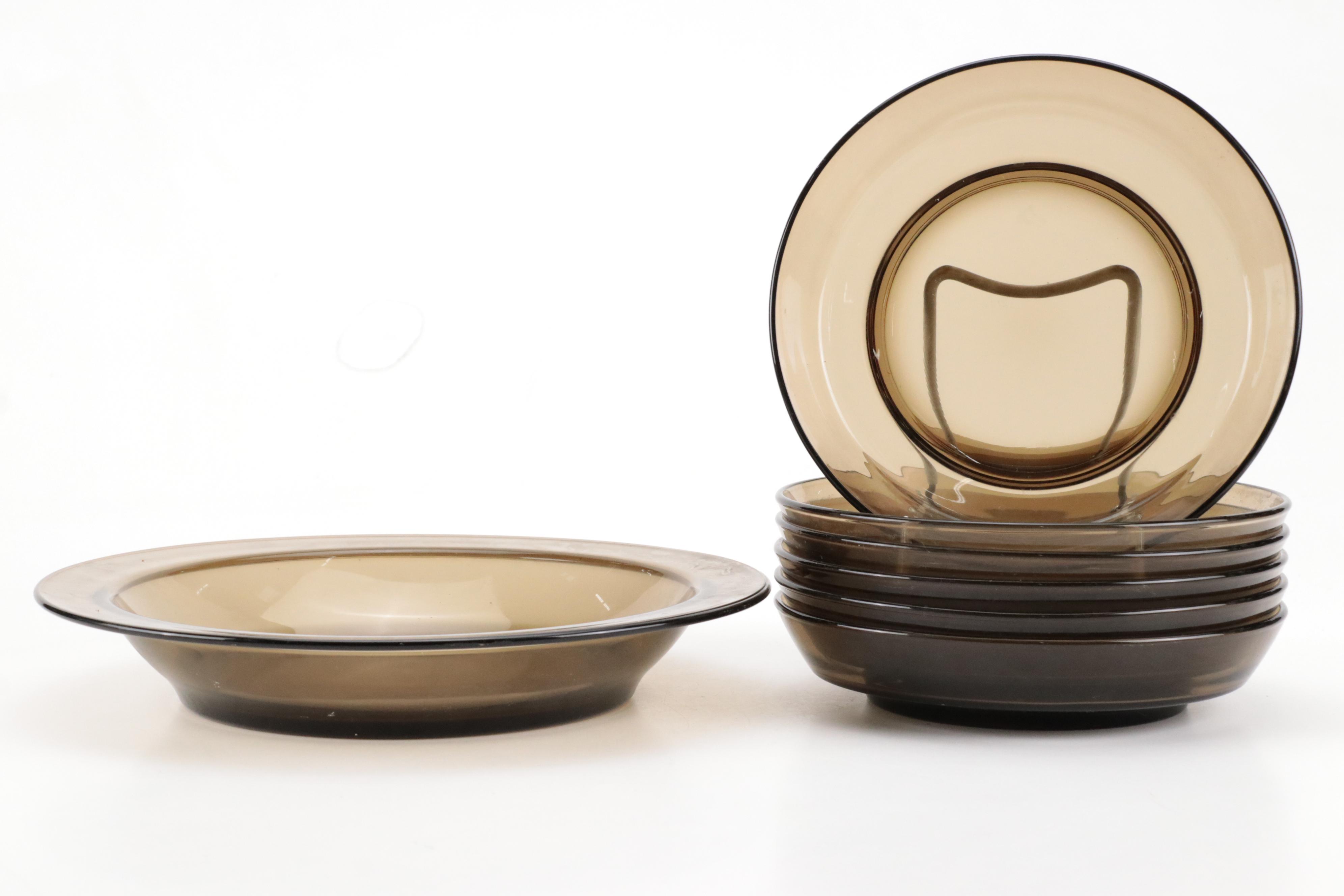 Vereco French Smoked Glass Dinnerware and Serving Pieces, 1970s