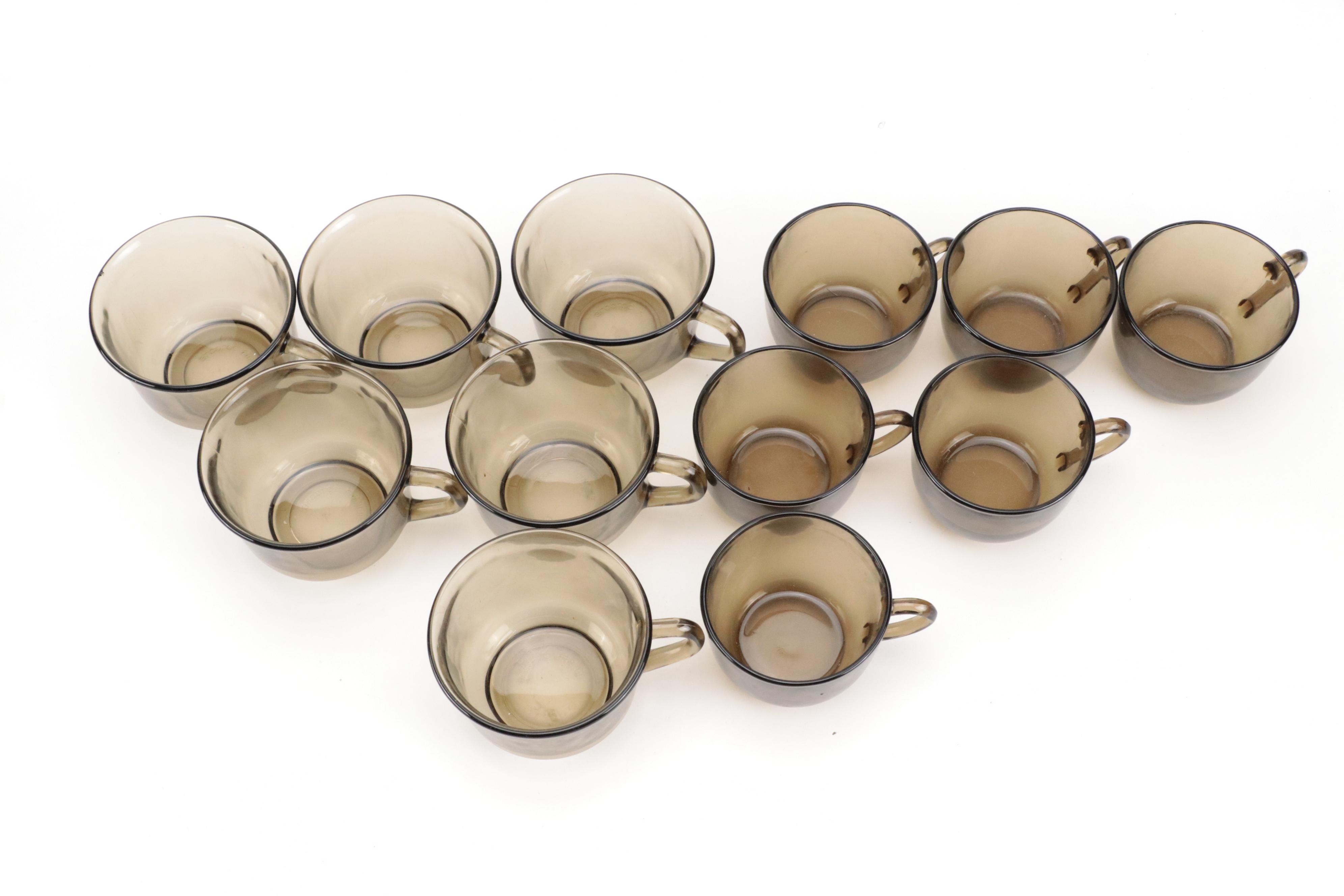 Vereco French Smoked Glass Dinnerware and Serving Pieces, 1970s