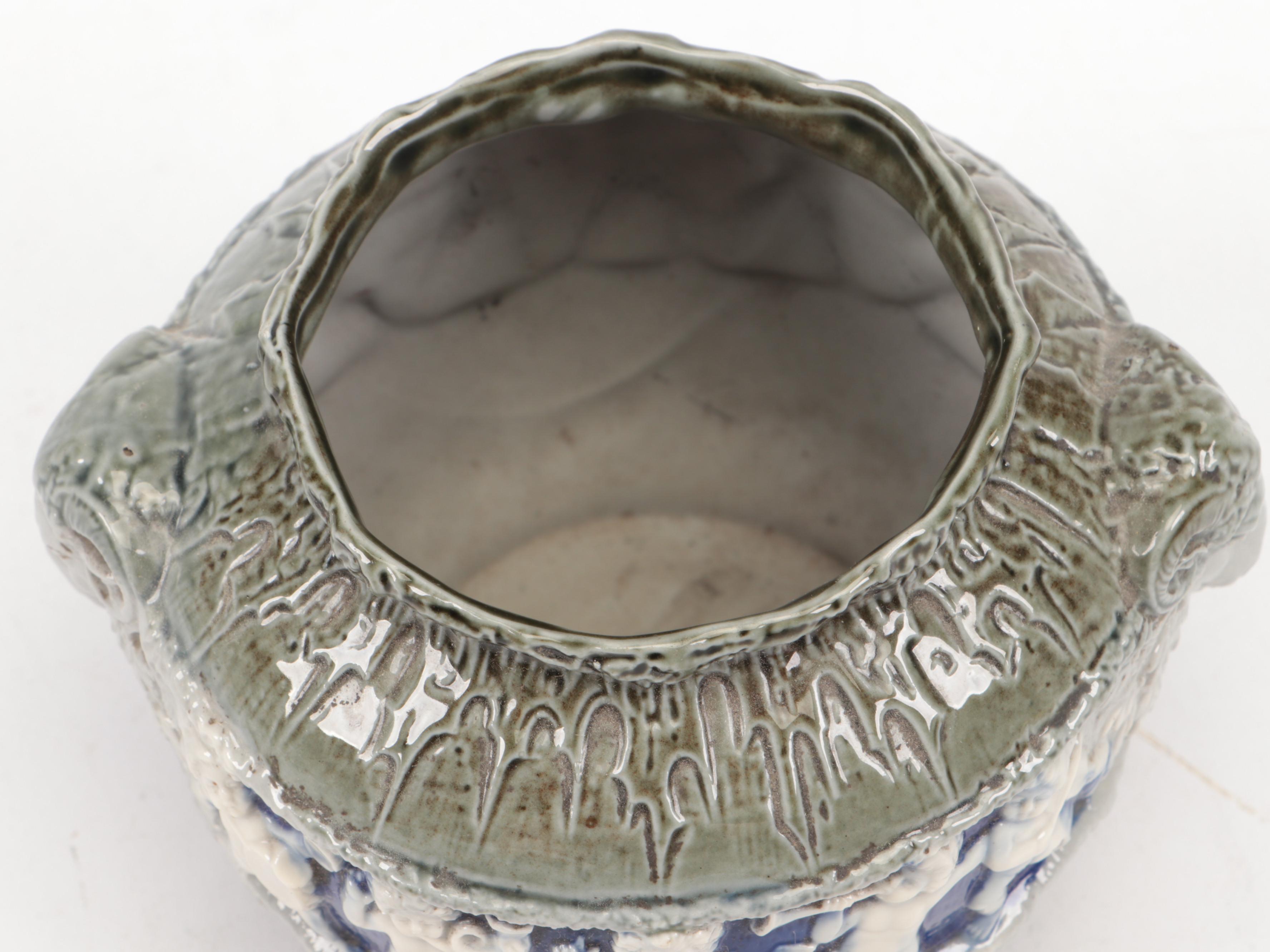 Schäfer & Vater German Majolica Ram's Head Handled Rose Bowl