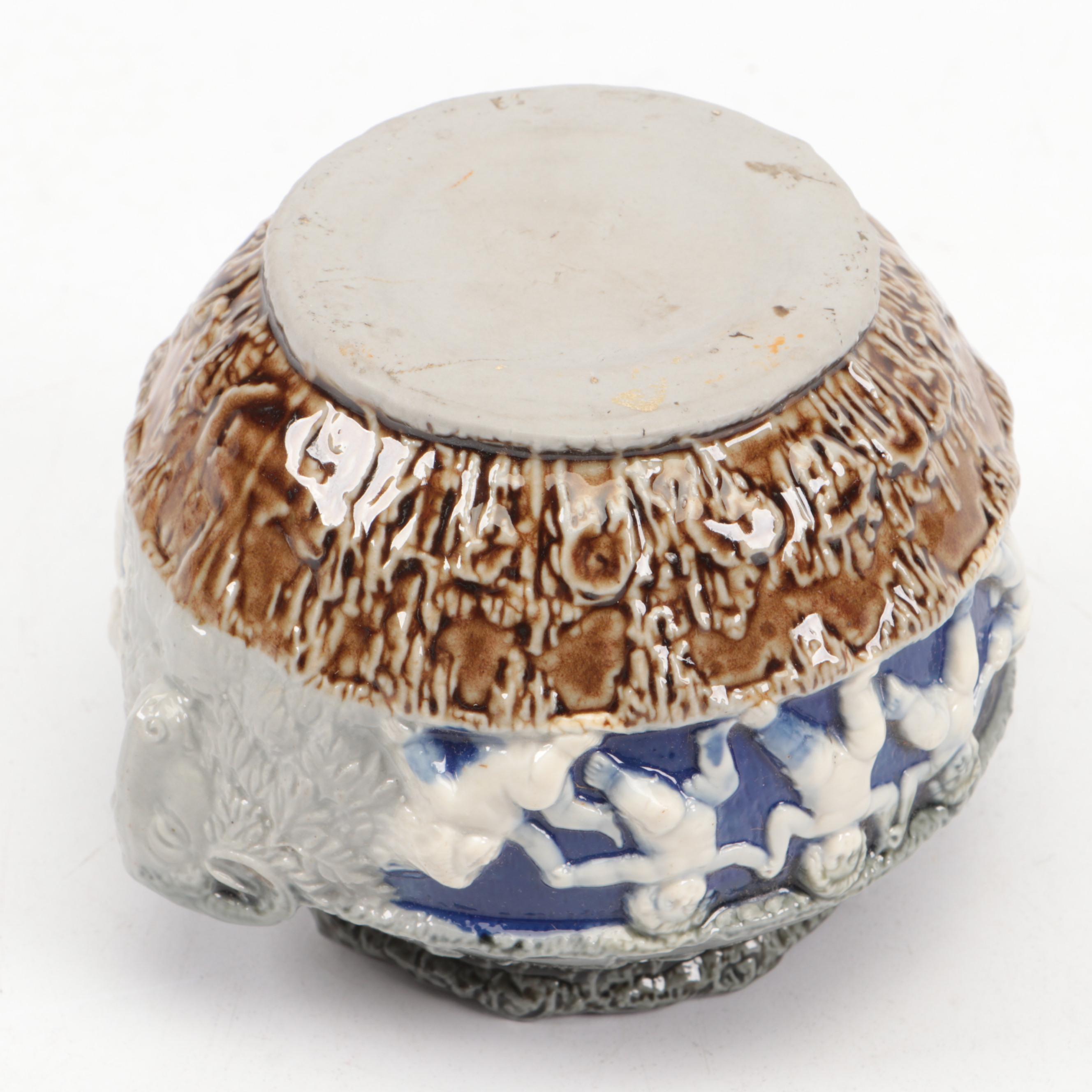 Schäfer & Vater German Majolica Ram's Head Handled Rose Bowl