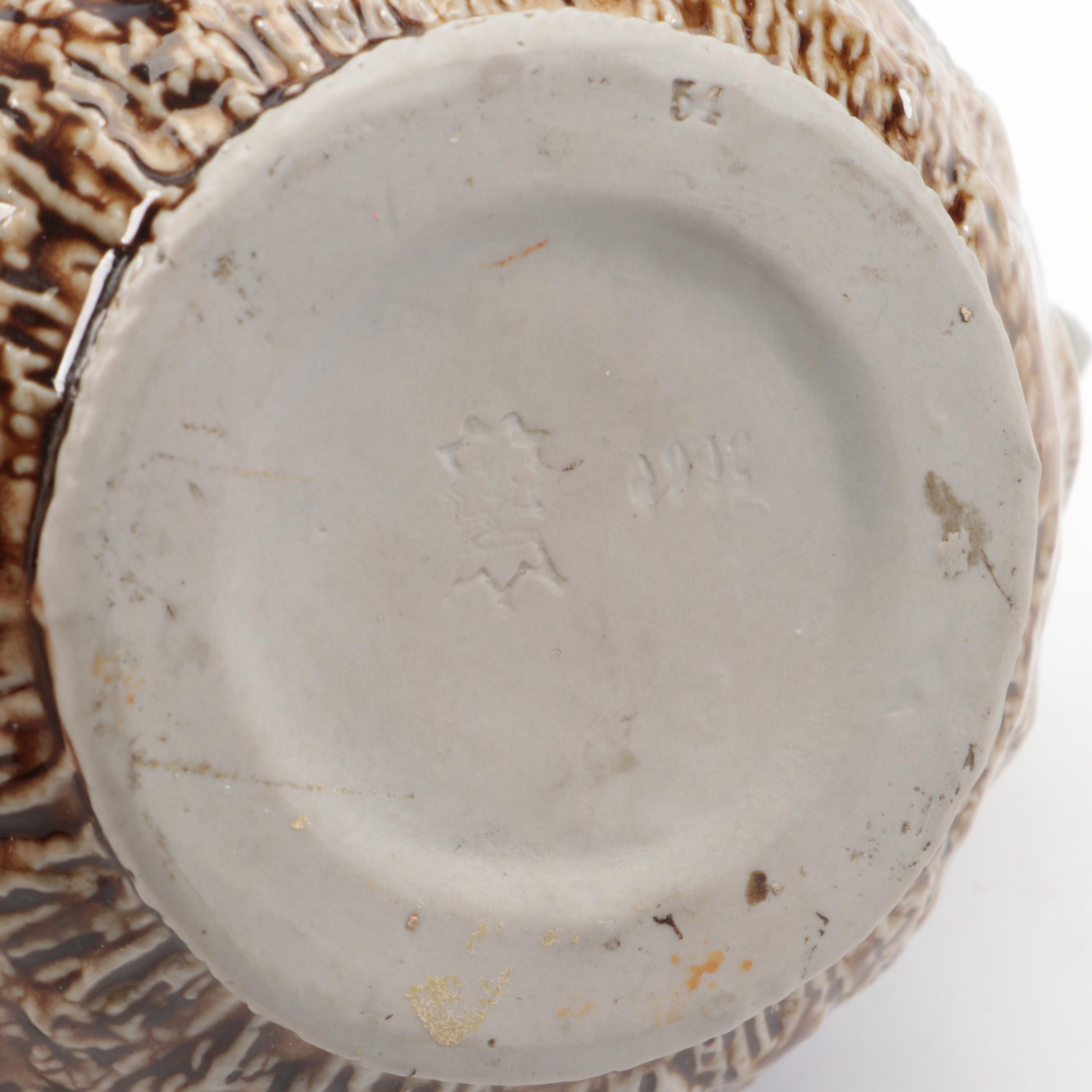 Schäfer & Vater German Majolica Ram's Head Handled Rose Bowl