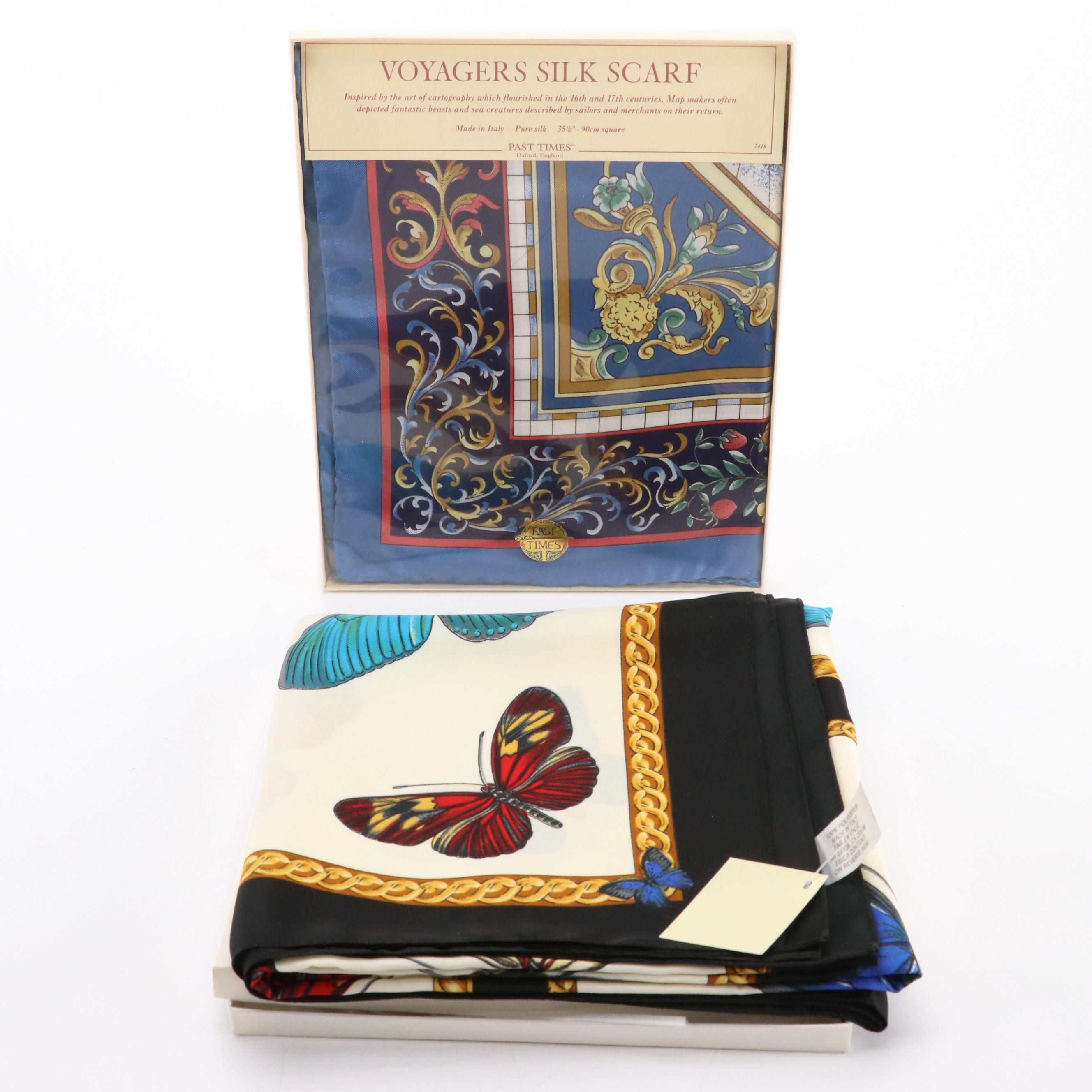 Past Times "Voyagers" Silk Twill Scarf and Other Butterfly Polyester Scarf, NIB