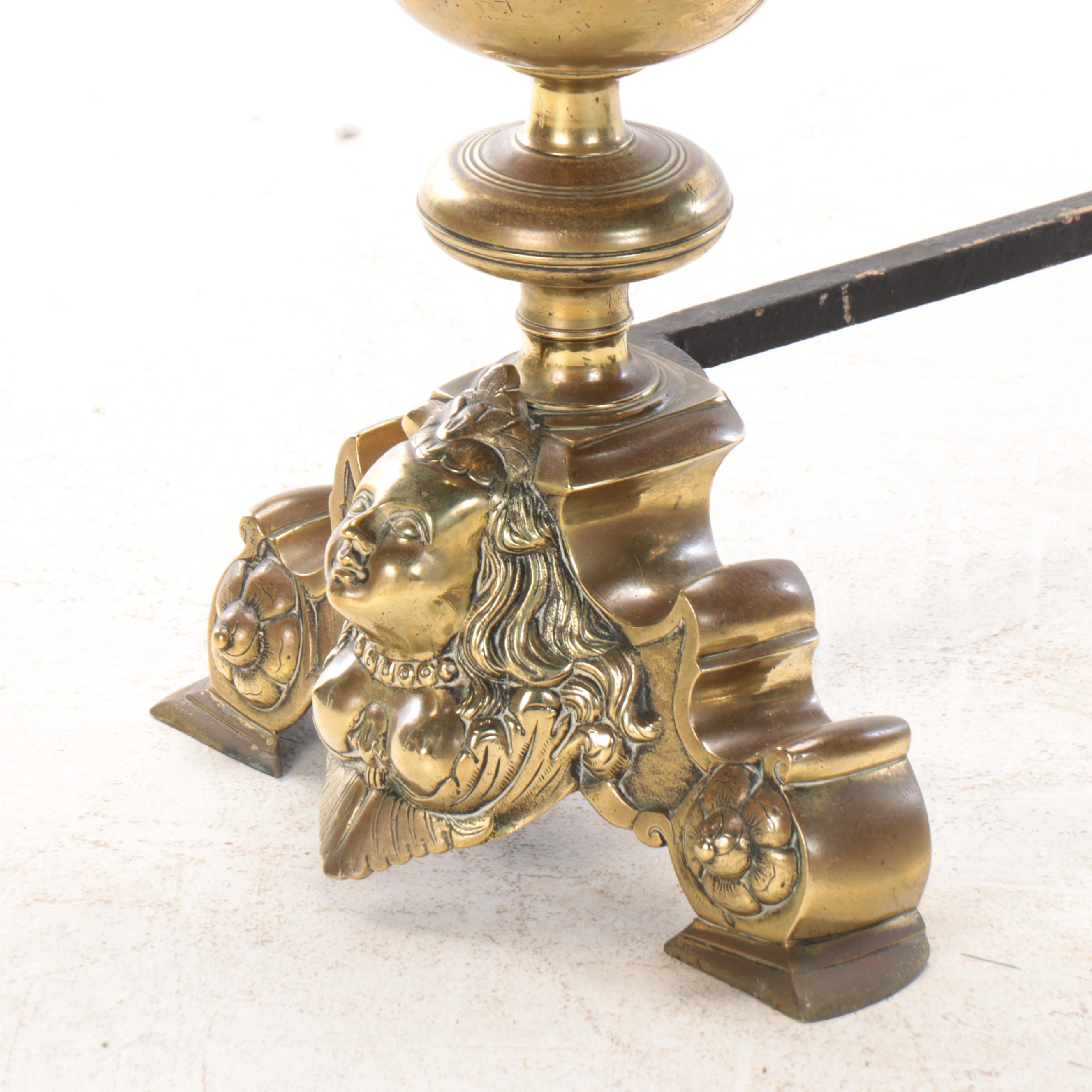 Victorian Gothic Style Cannonball Brass Andirons, Late 19th/Early 20th C.