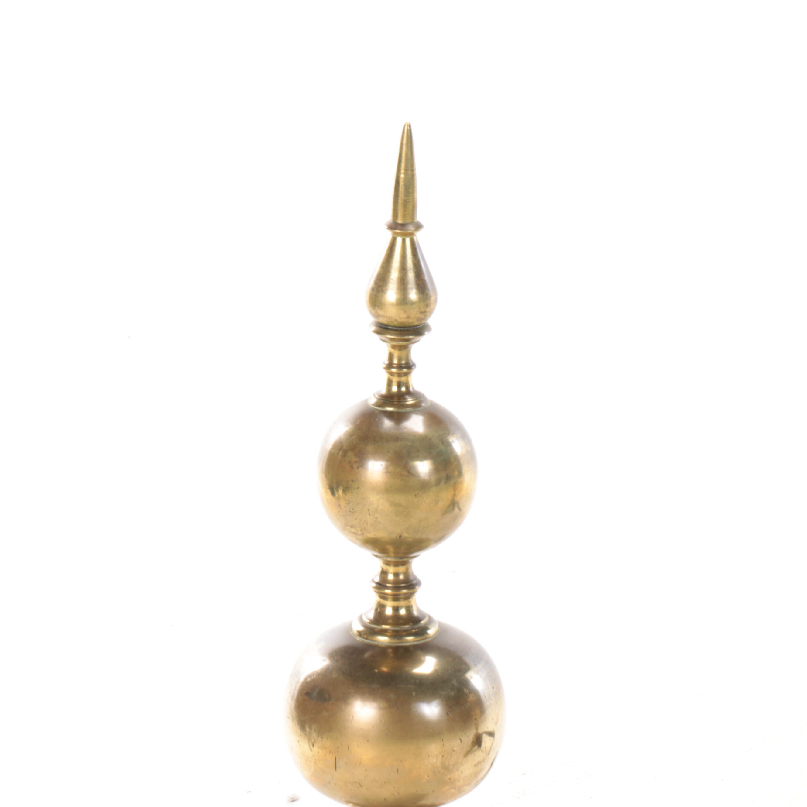 Victorian Gothic Style Cannonball Brass Andirons, Late 19th/Early 20th C.