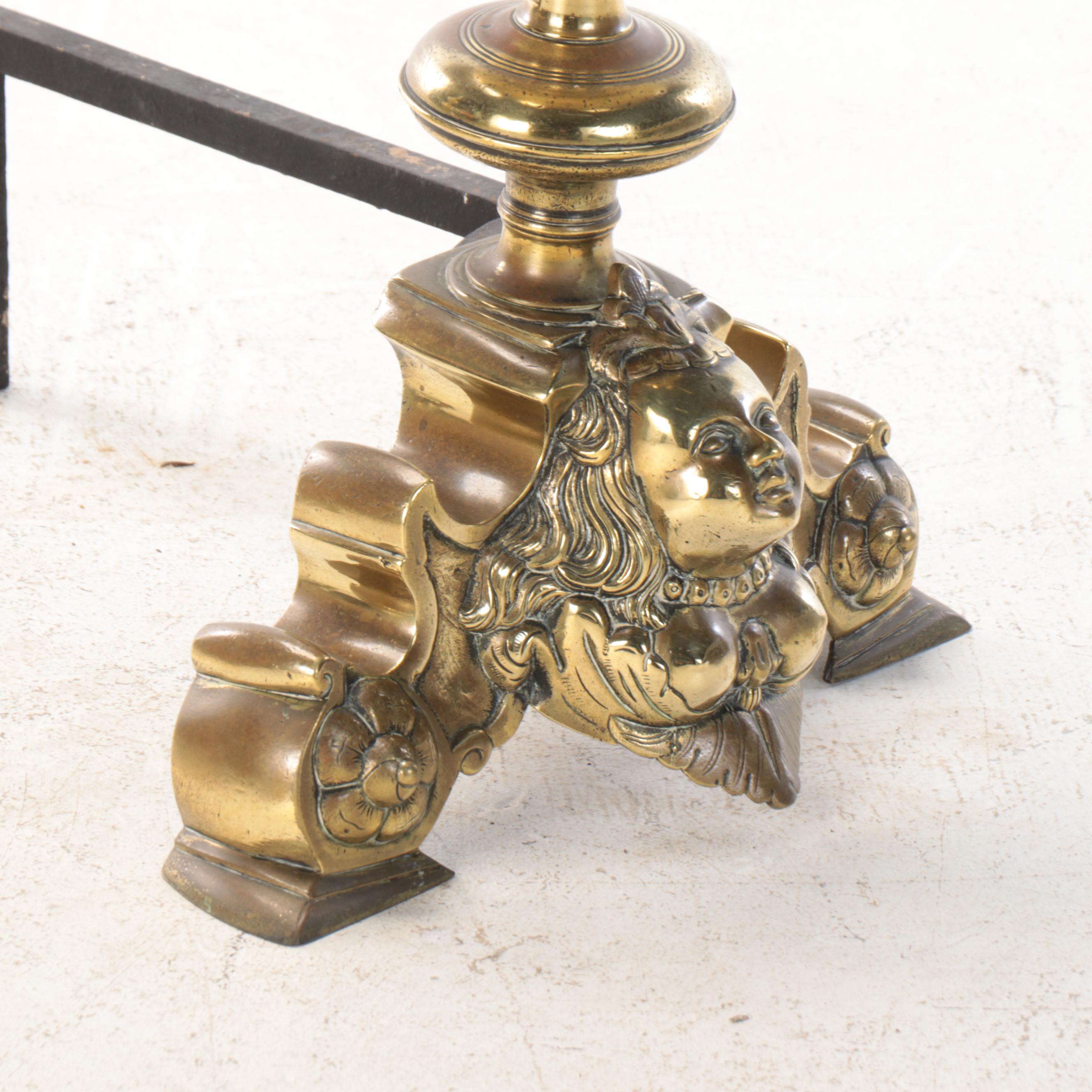 Victorian Gothic Style Cannonball Brass Andirons, Late 19th/Early 20th C.