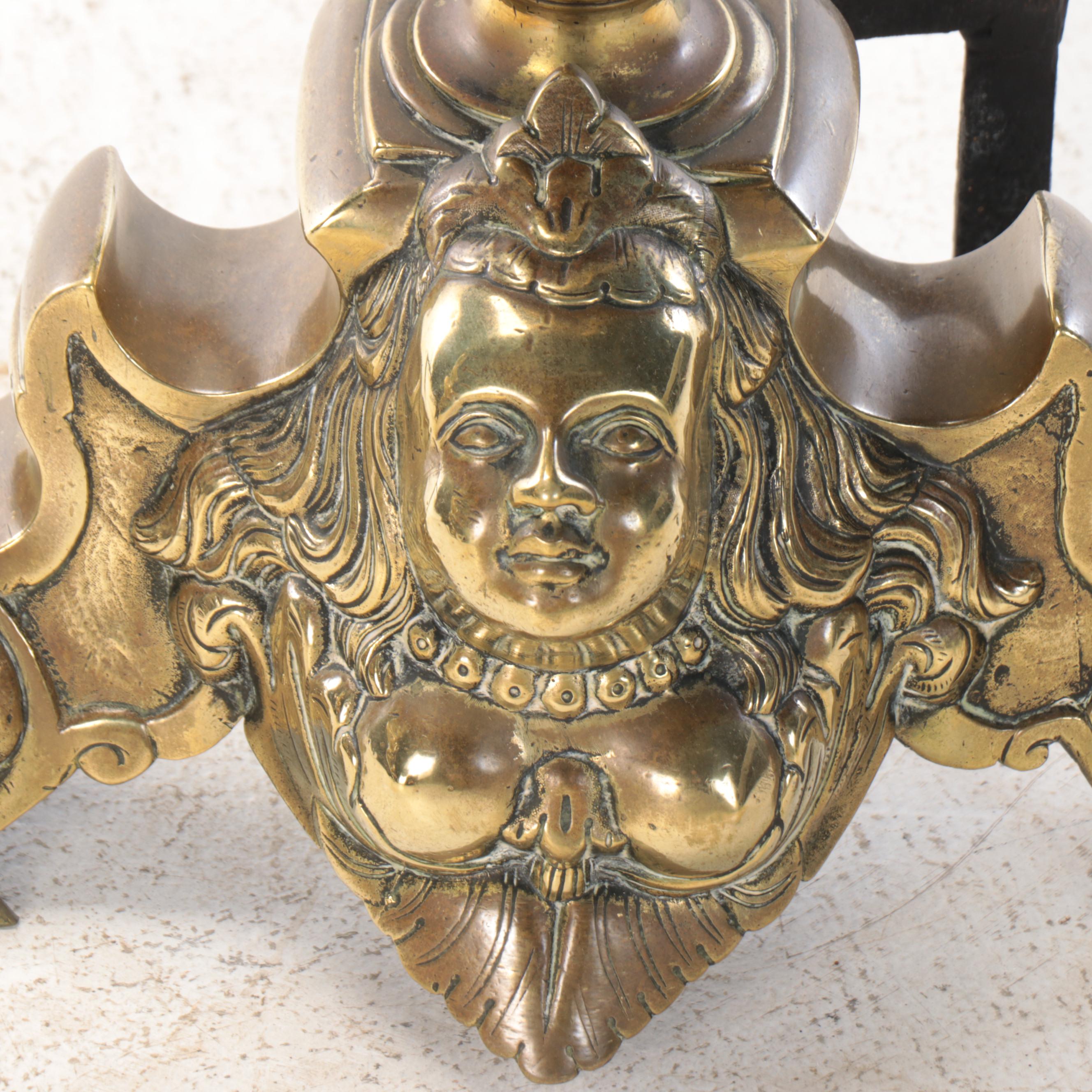 Victorian Gothic Style Cannonball Brass Andirons, Late 19th/Early 20th C.
