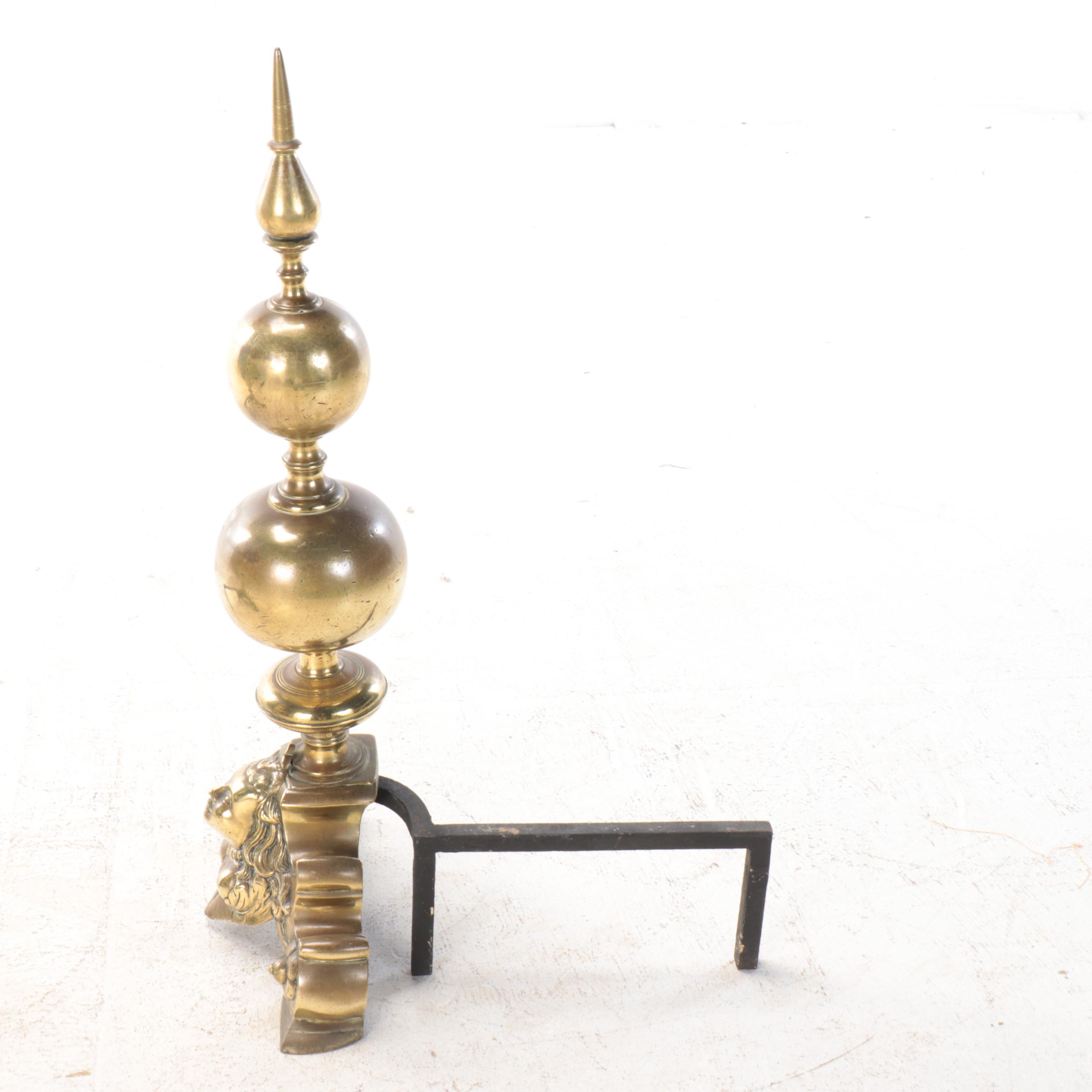 Victorian Gothic Style Cannonball Brass Andirons, Late 19th/Early 20th C.