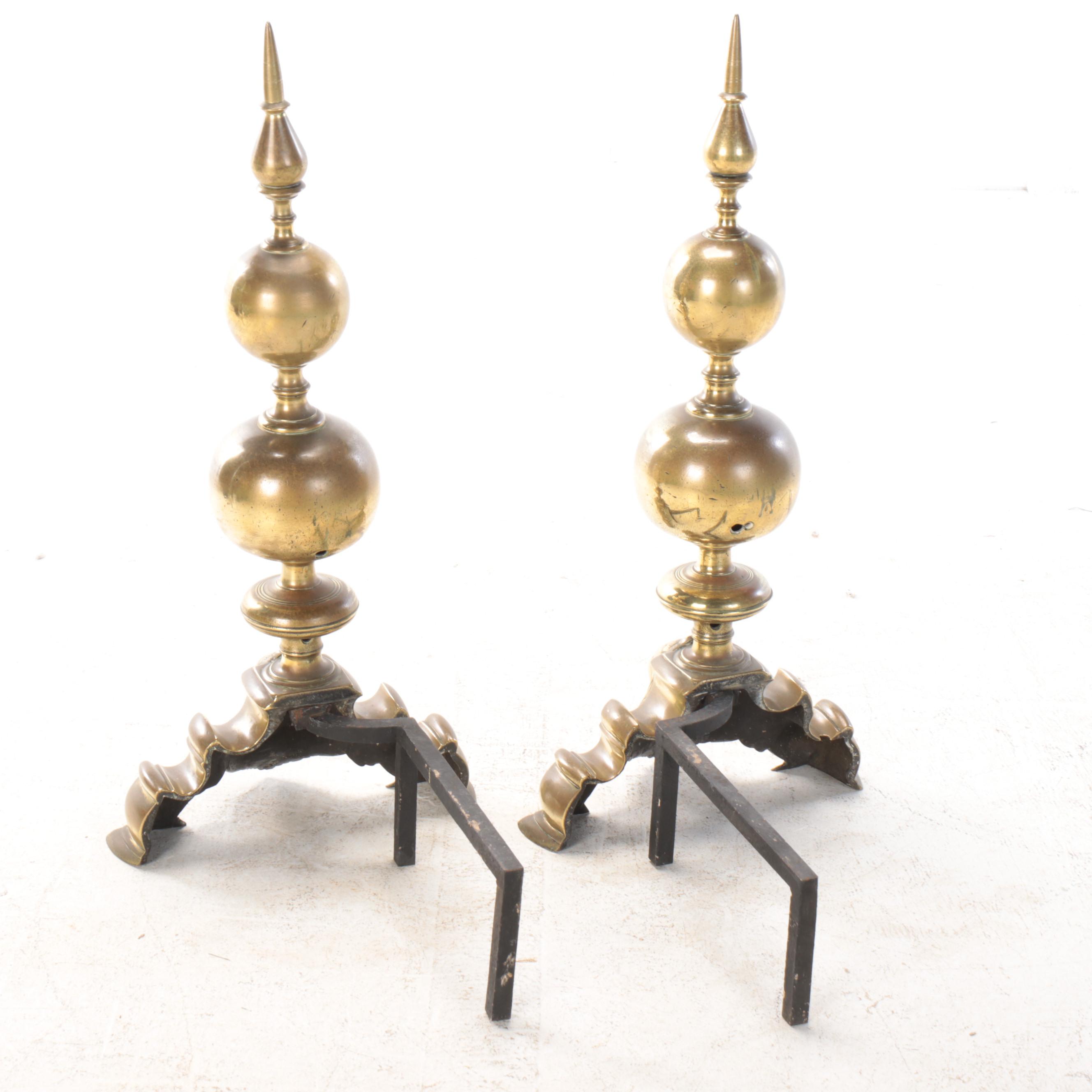 Victorian Gothic Style Cannonball Brass Andirons, Late 19th/Early 20th C.