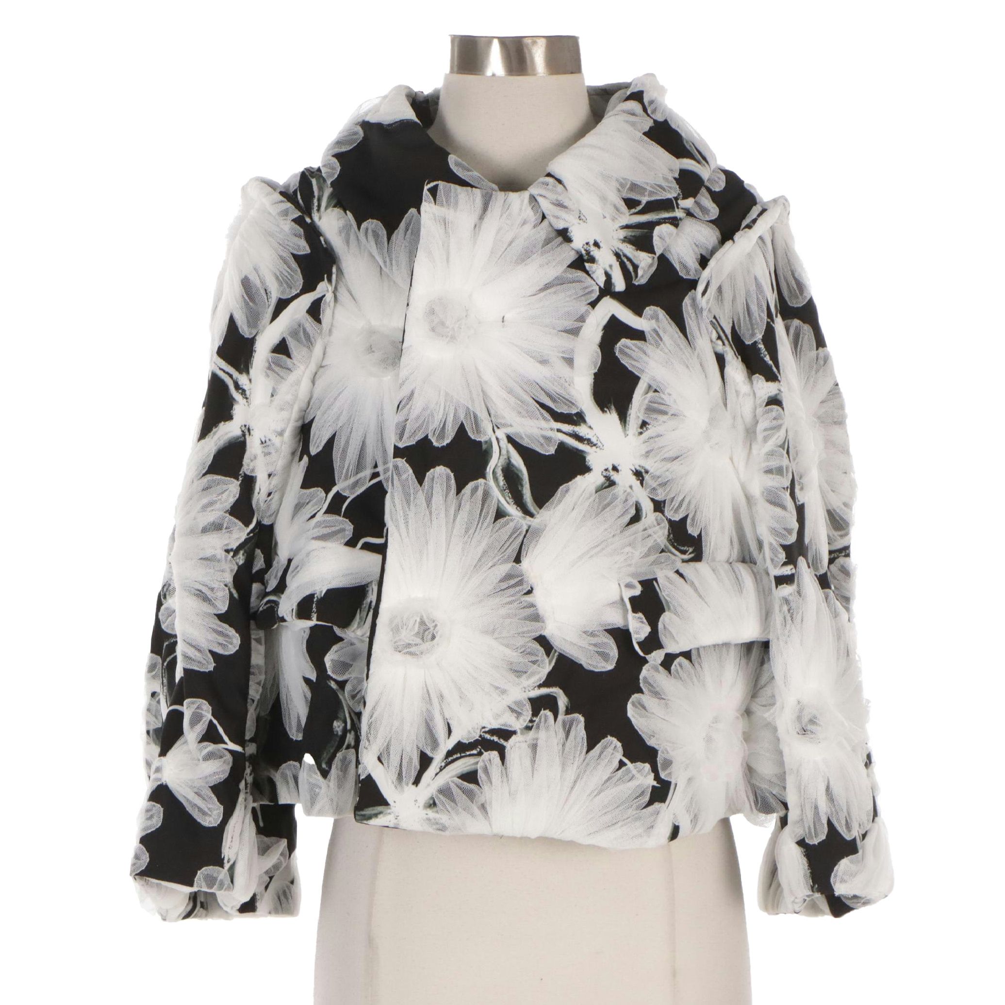 Comme des Garçons Cropped Cape Jacket in White Tulle Daisy Appliqué, NWT