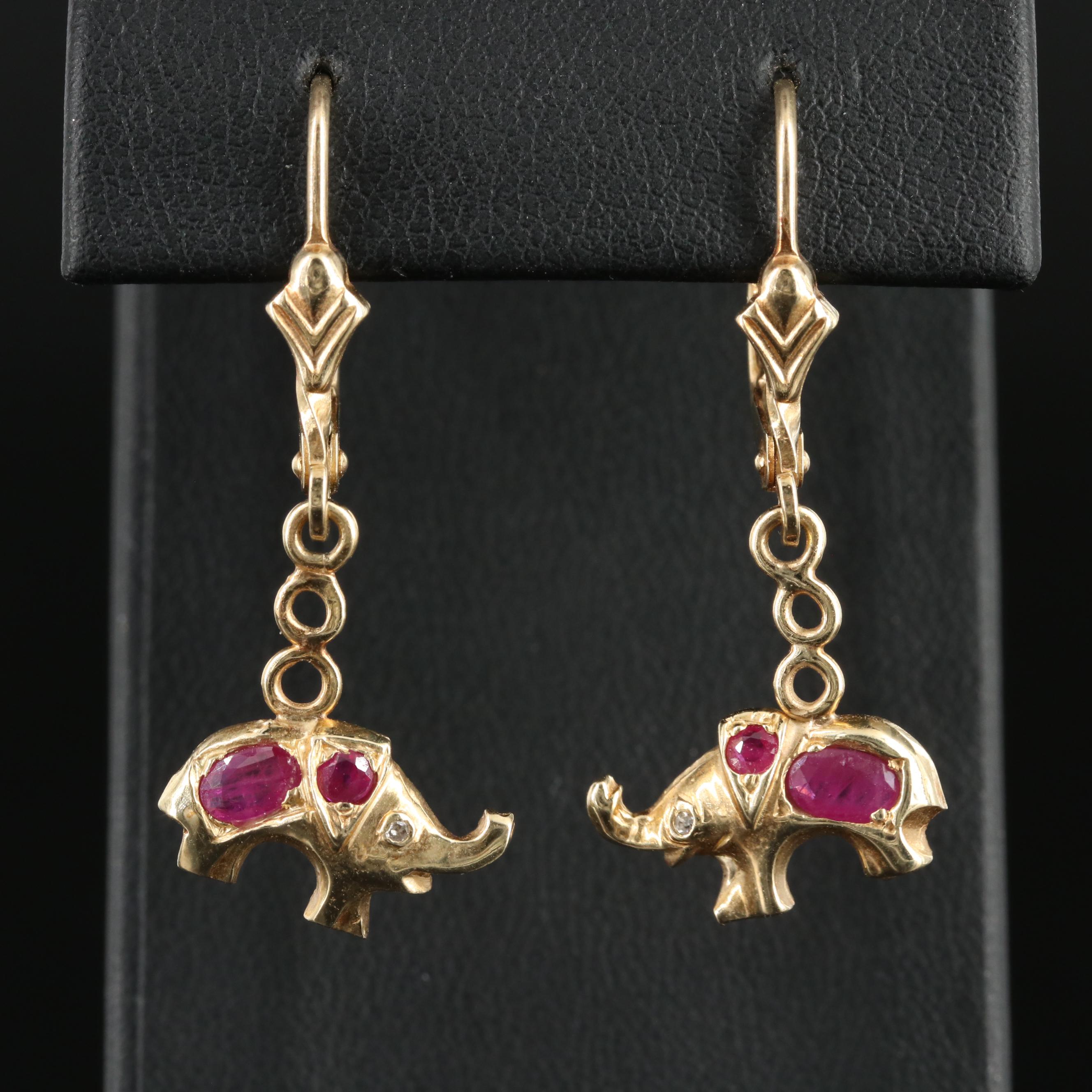 14K Ruby and Diamond Elephant Earrings
