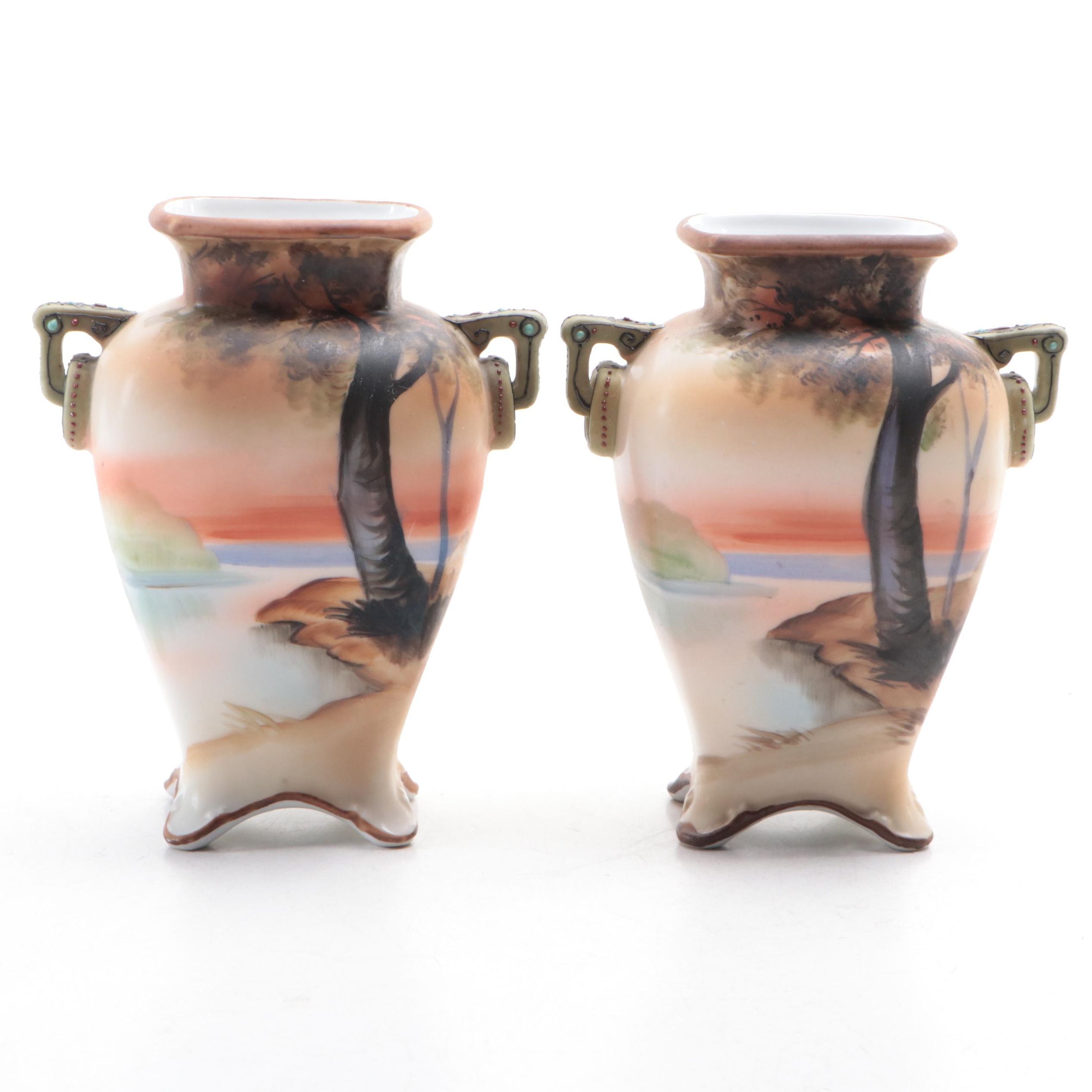 Japanese Morimura Hand-Painted Porcelain Landscape Vase Pair, Vintage