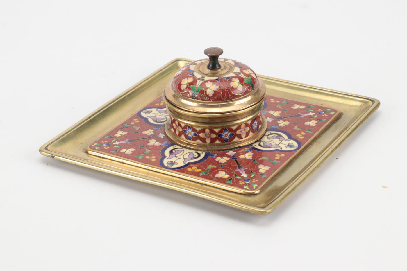 French Style Brass Champlevé Enamel Square Inkwell with Floral Motifs ...