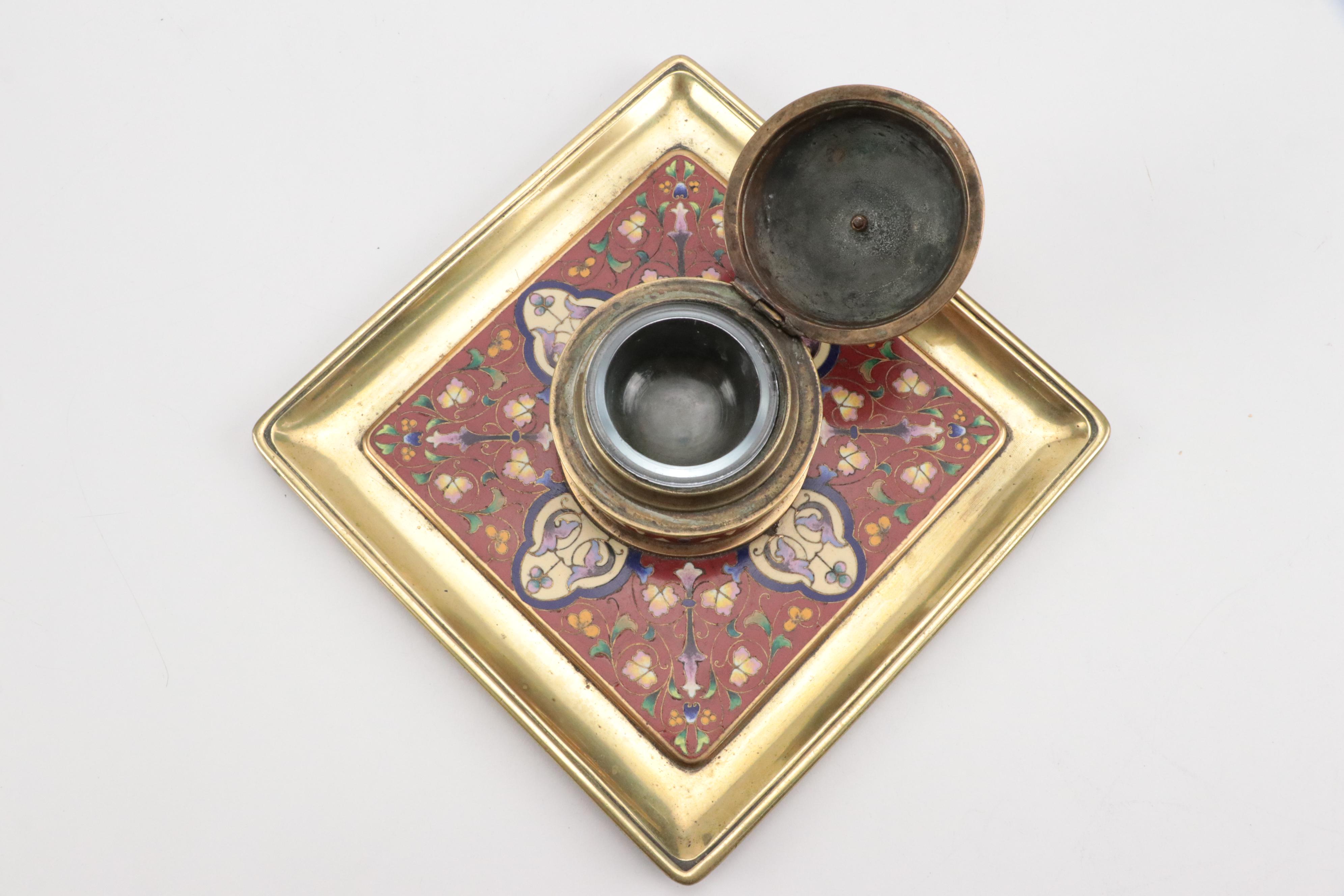 French Style Brass Champlevé Enamel Square Inkwell with Floral Motifs ...