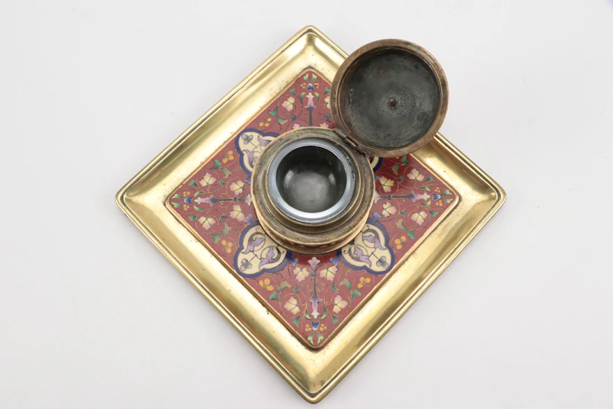 French Style Brass Champlevé Enamel Square Inkwell with Floral Motifs ...