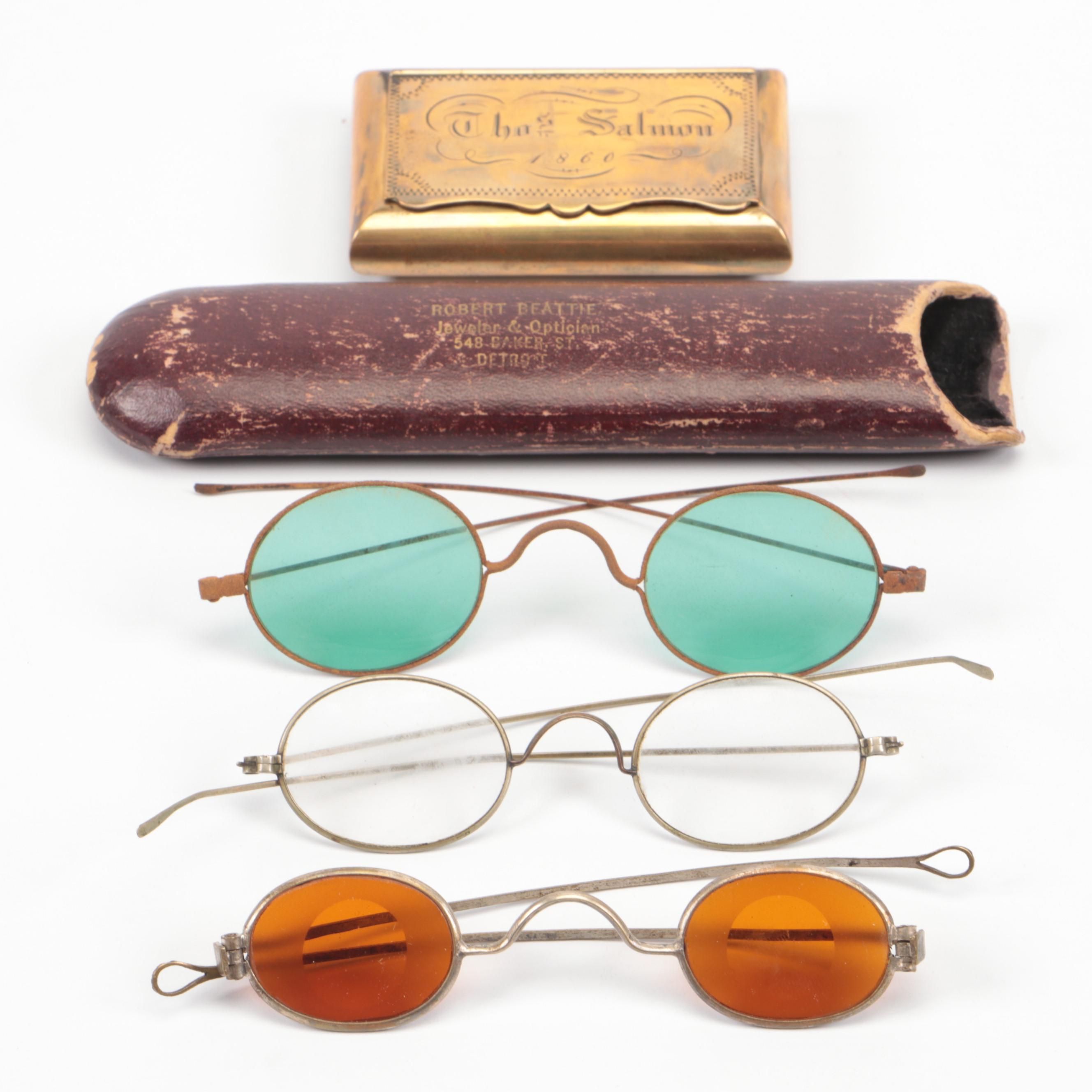 Sharpshooter Glasses with Other Glasses, Case and Snuff Box, Late 19th Century