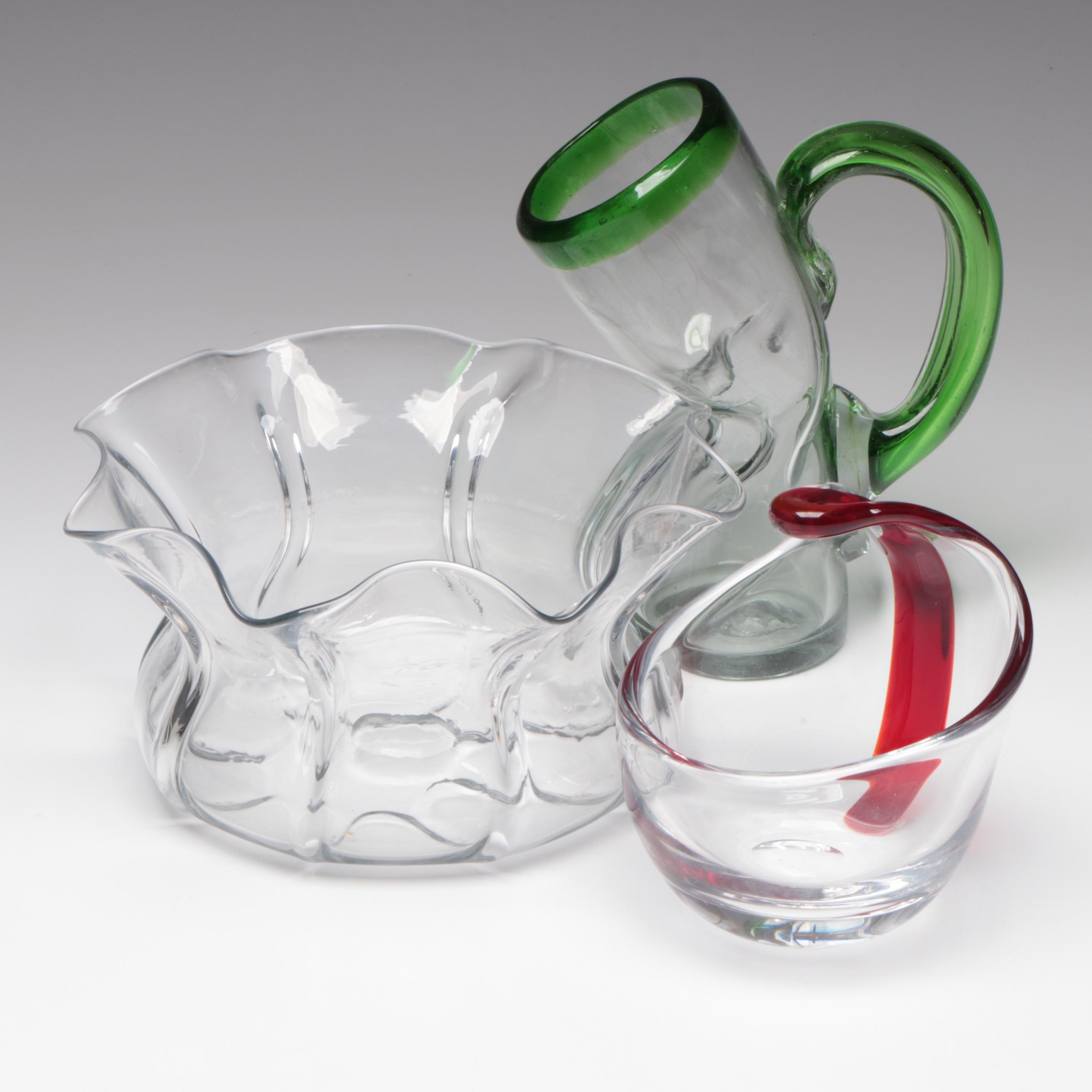 Handblown Glass Vase with Ruffled Rim Glass Bowl and More