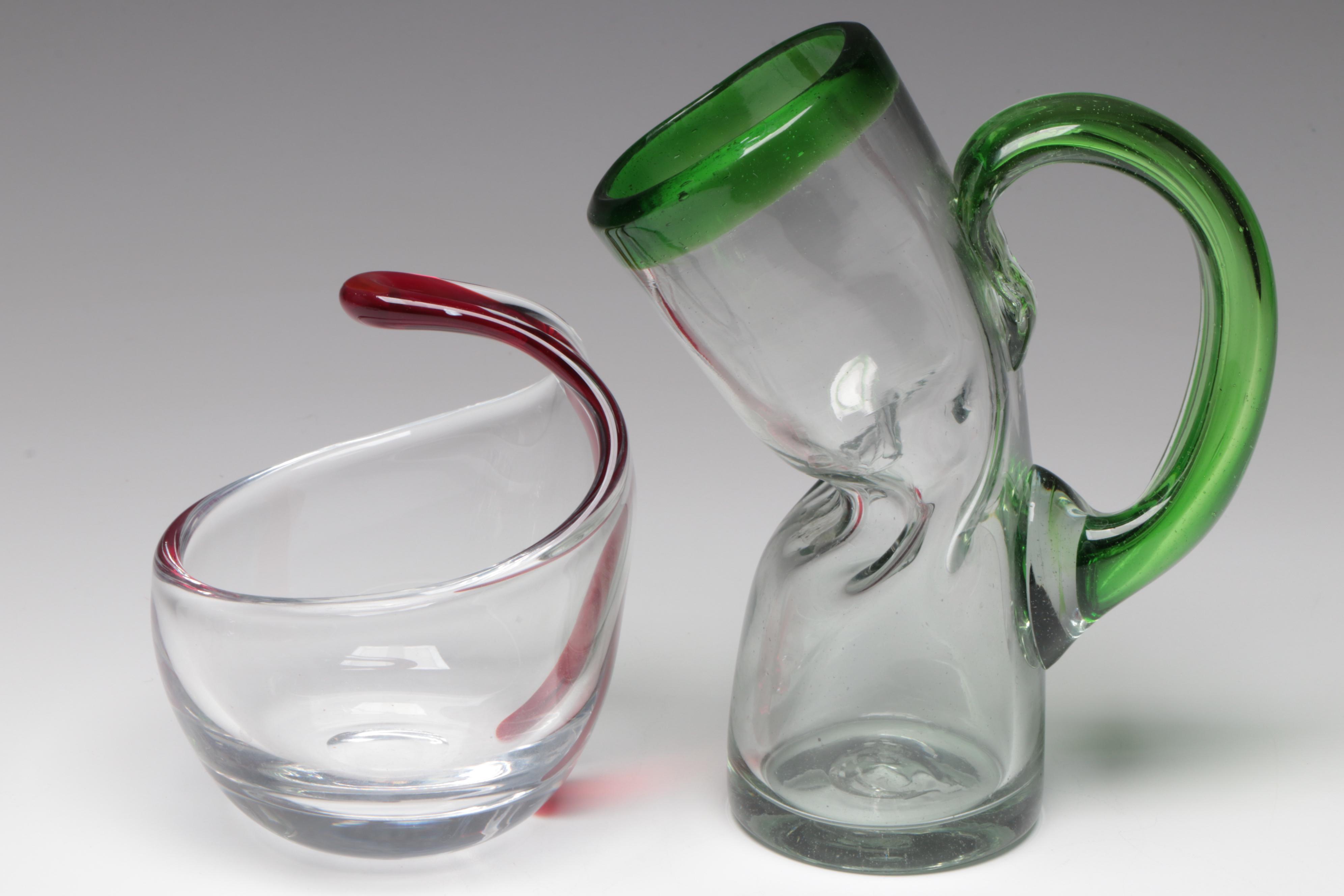 Handblown Glass Vase with Ruffled Rim Glass Bowl and More