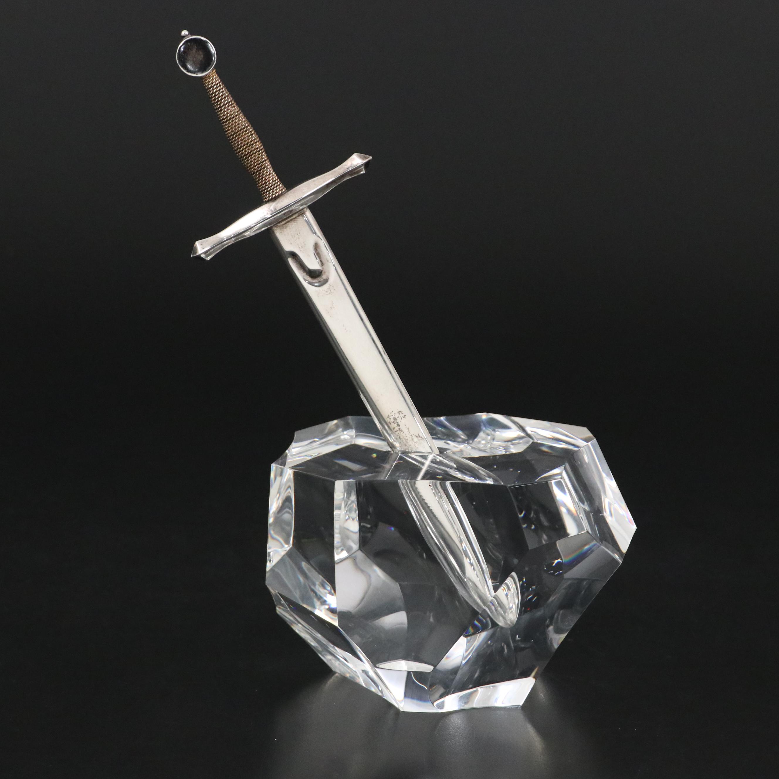 Steuben "Excalibur" Art Glass Paperweight and Sterling Silver Letter Opener