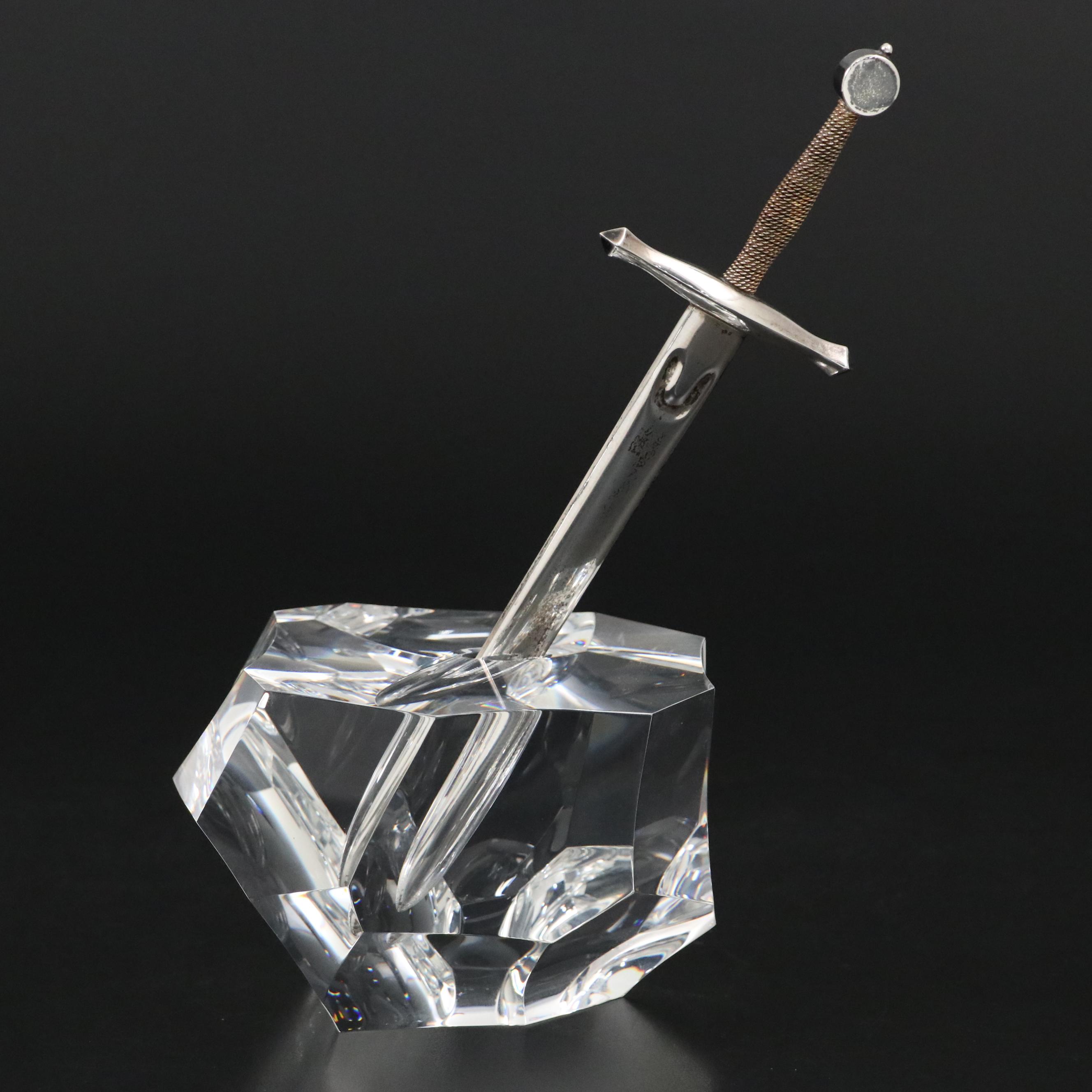 Steuben "Excalibur" Art Glass Paperweight and Sterling Silver Letter Opener